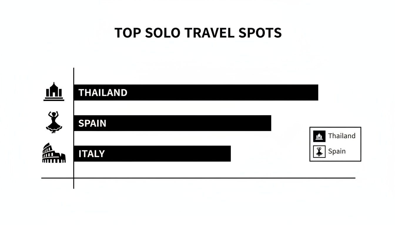 Horizontal bar chart illustrating top solo travel spots, with Thailand being the most popular destination.