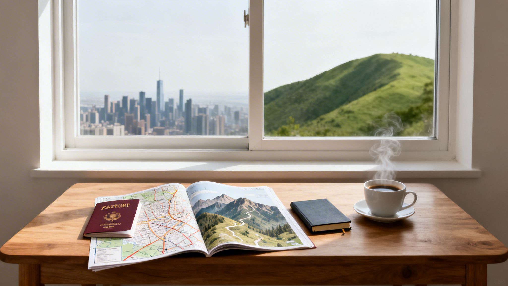 A desk with travel planning items: passport, map, notebook, and coffee, overlooking a city and mountains.
