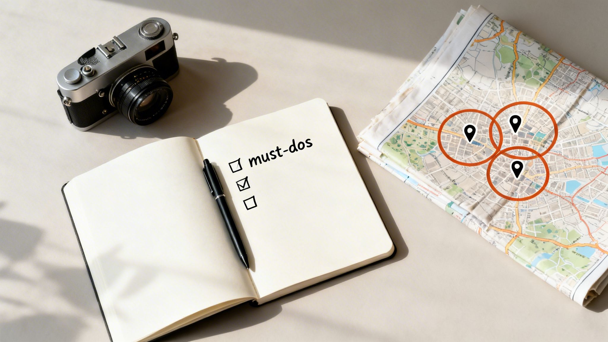 Travel planning flat lay with camera, must-do list, pen, and map highlighting three locations.