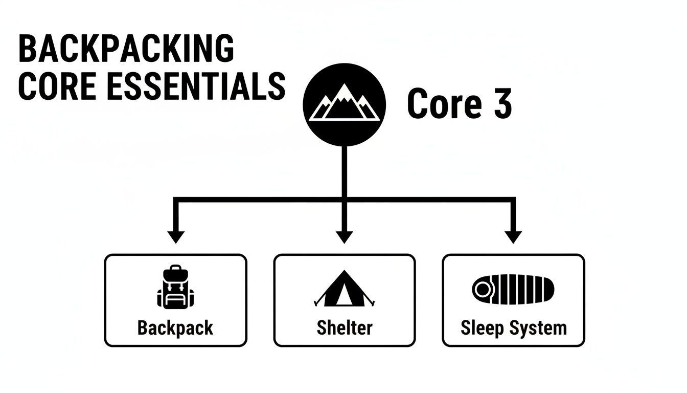 A diagram illustrating the 'Backpacking Core Essentials' or 'Core 3' which includes Backpack, Shelter, and Sleep System.
