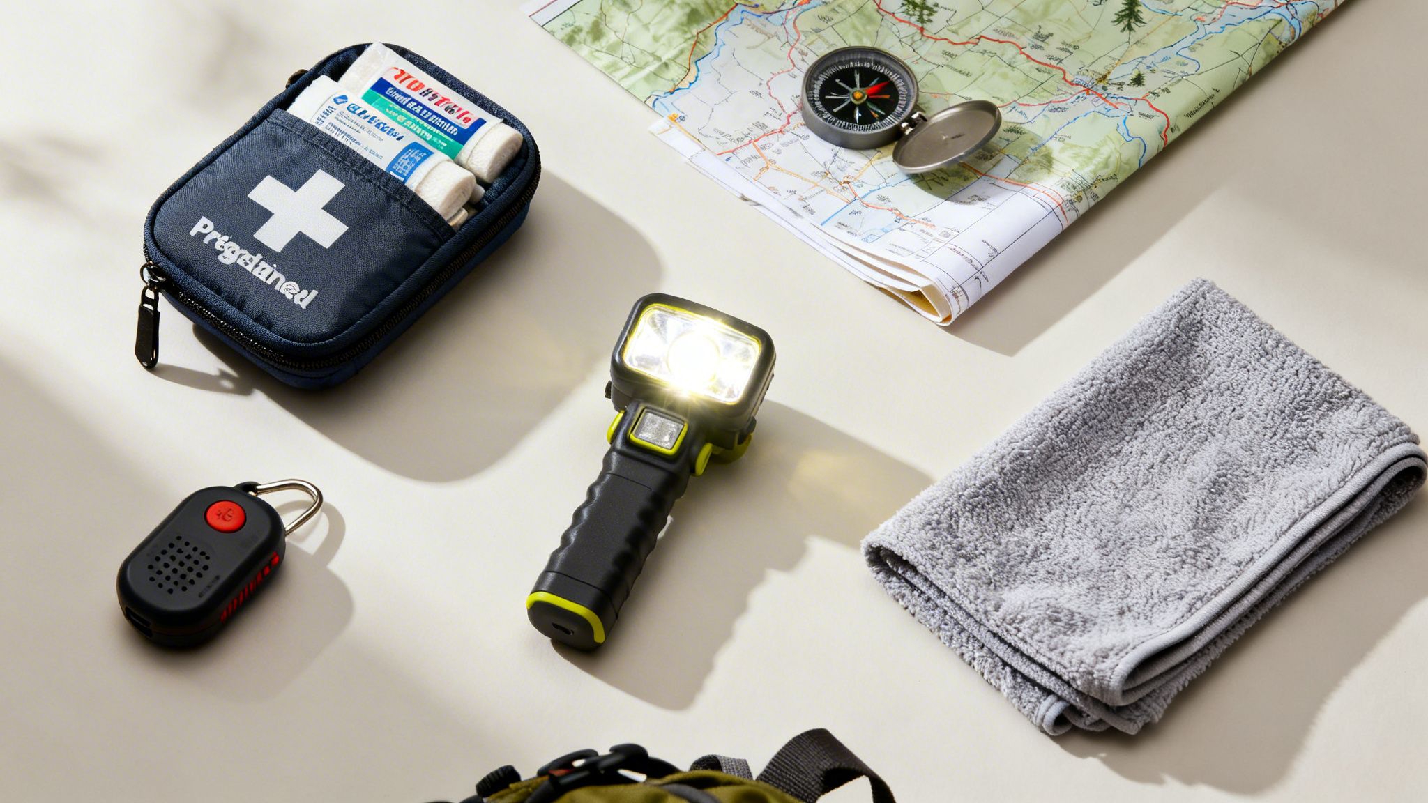 A flat lay of hiking and emergency gear, including a first aid kit, flashlight, map, compass, and towel.