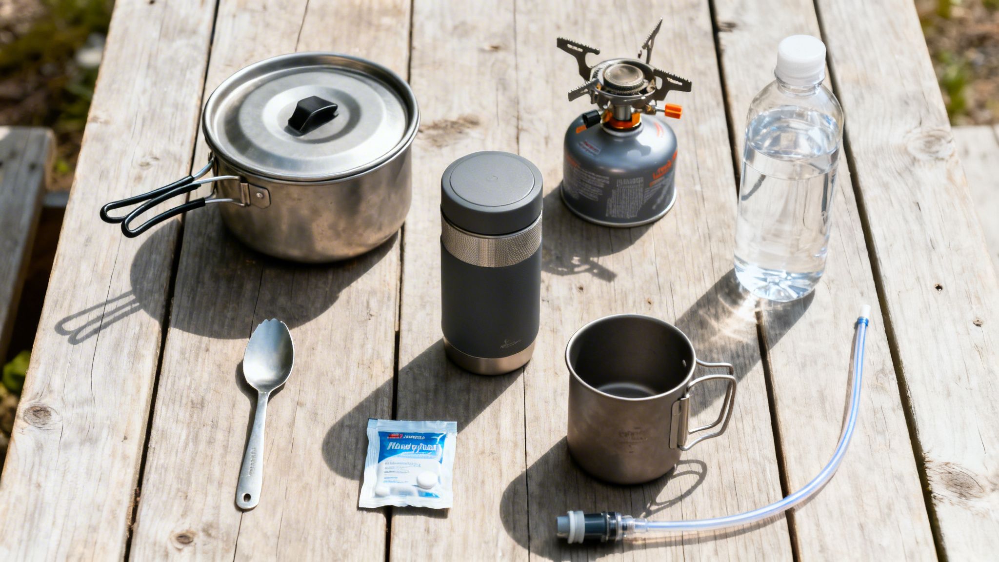 Backpacking cooking and hydration essentials: pot, stove, water bottle, mug, spoon, and filter, on a wooden table.