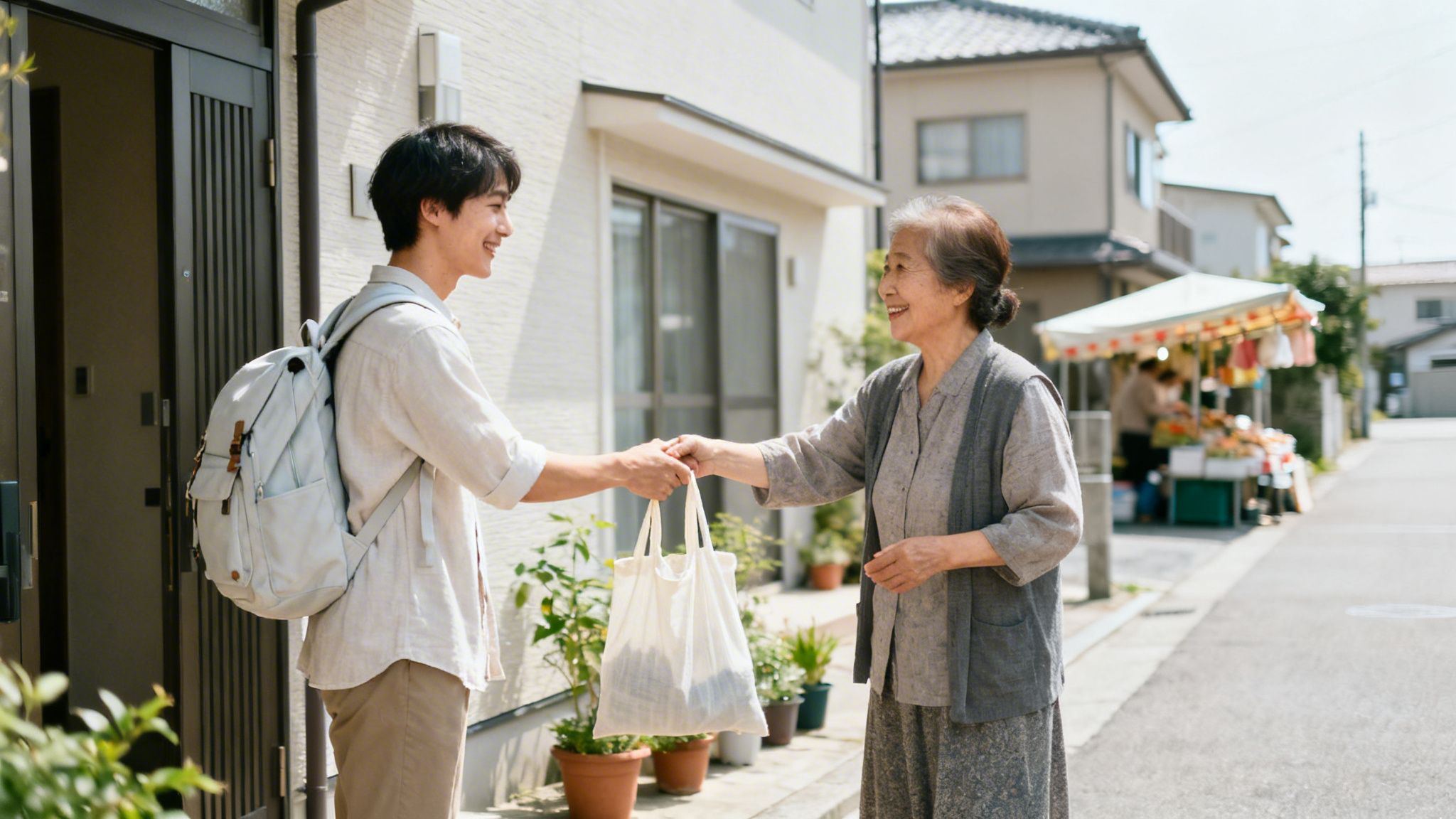 A smiling young man hands a reusable bag to an elderly woman on a sunny street.