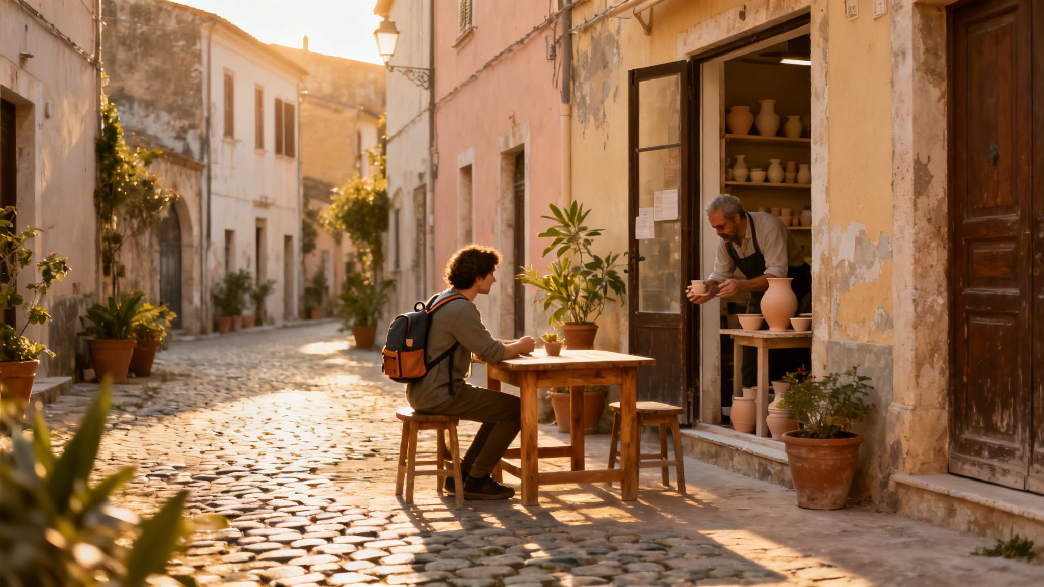 A traveler sits outside a pottery shop on a charming, sunlit cobblestone street in an old town.