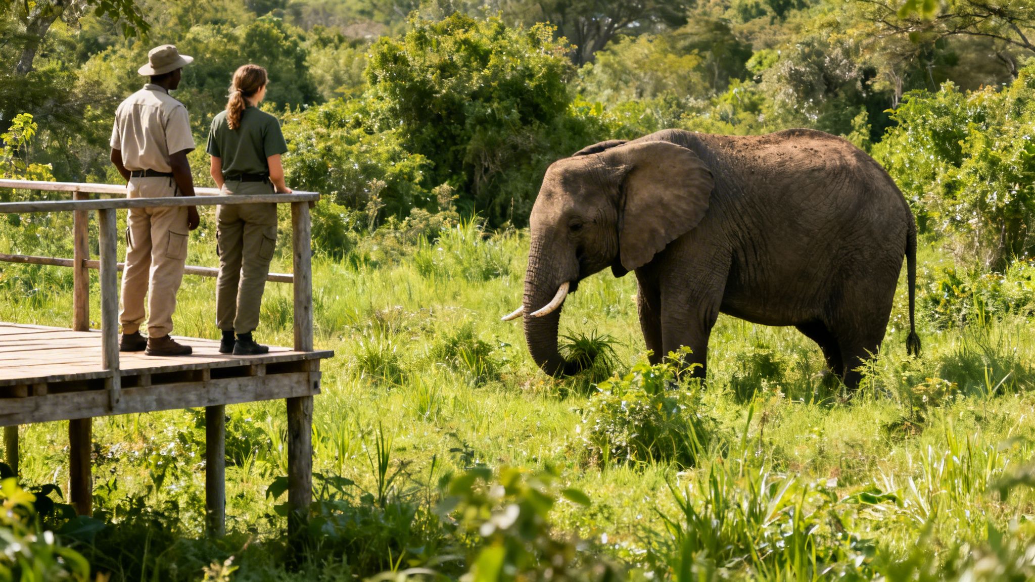 Two people on a wooden platform observe an elephant grazing in a lush, green safari landscape.