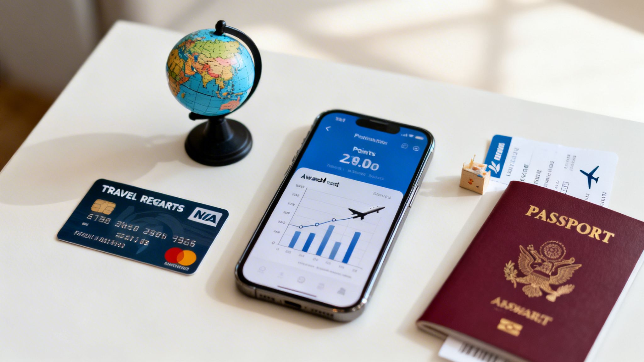 Flat lay of travel essentials: globe, smartphone with travel app, credit card, passport, and boarding pass.