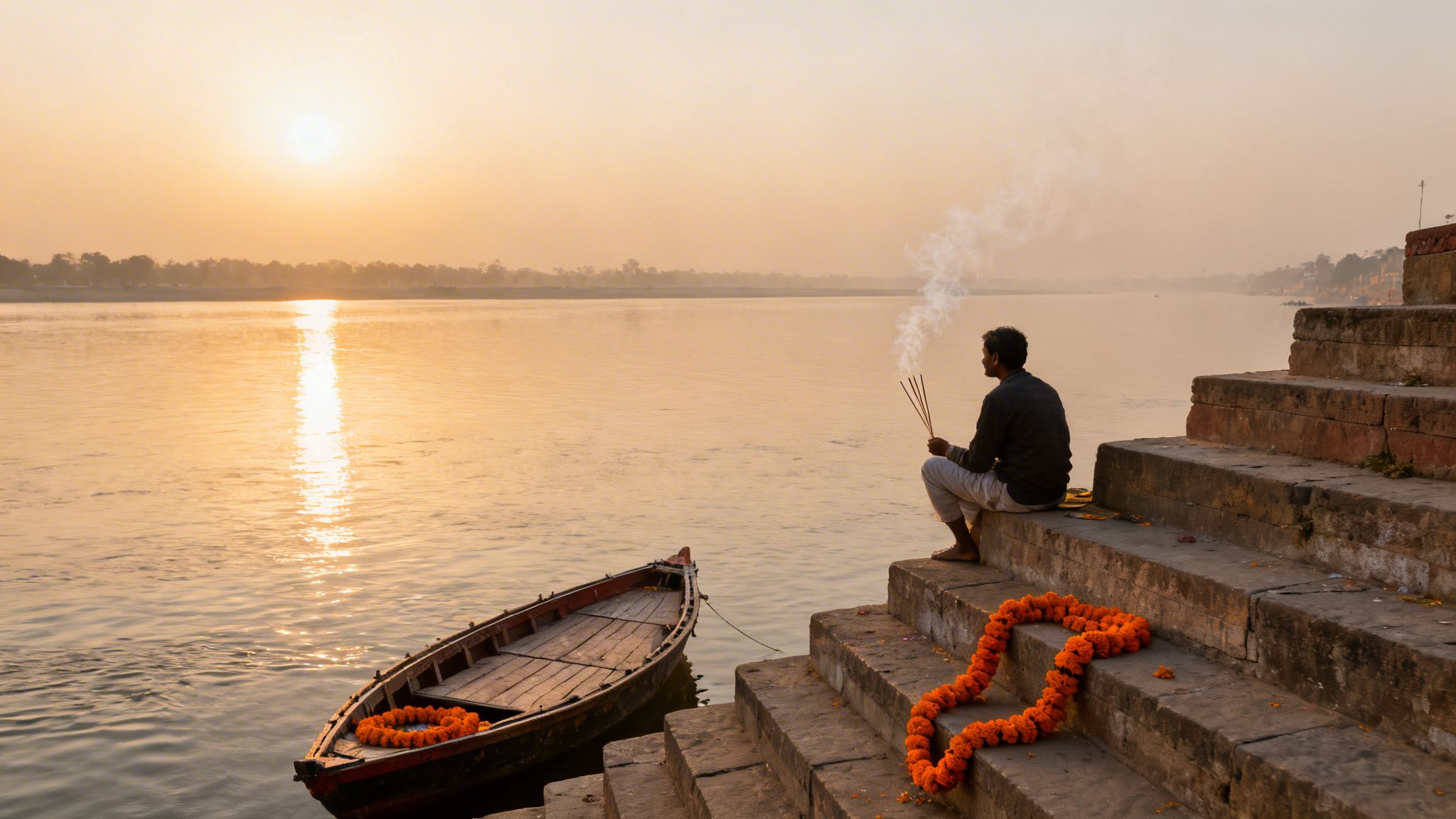 Man sits on riverside steps at sunset, holding smoking incense, beside a boat and marigold garland.