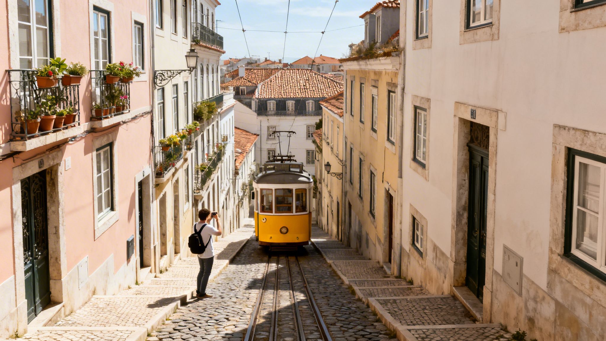 A person photographs a vintage yellow tram on a historic cobbled street lined with colorful buildings in Lisbon.
