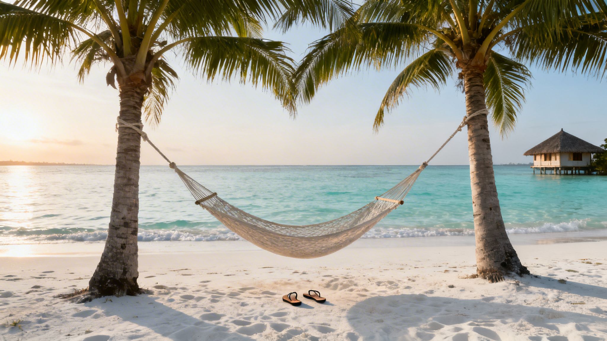 A tranquil tropical beach with a hammock between two palm trees, clear blue ocean, and a beautiful sunset.
