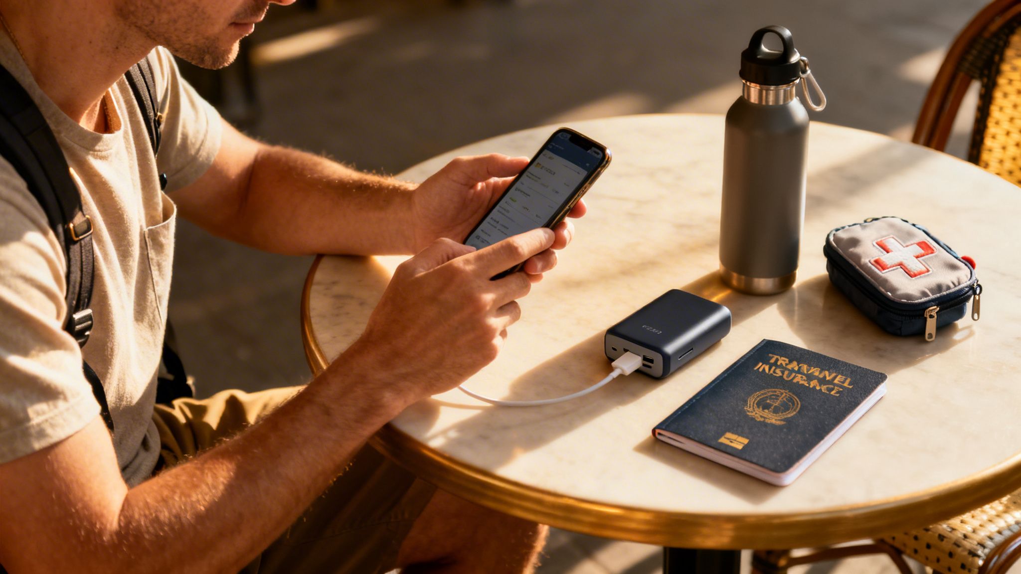A traveler uses a smartphone and power bank while sitting at an outdoor cafe table with travel essentials.