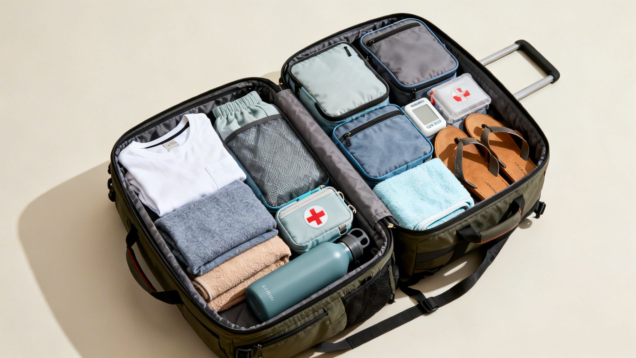 Open olive green suitcase packed with organized travel essentials: clothes, first aid kits, water bottle, and flip-flops.