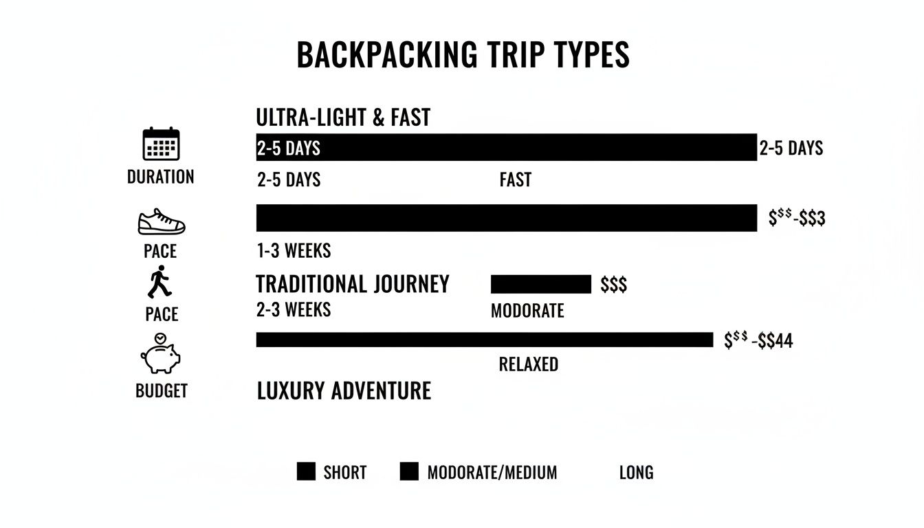 Infographic comparing three backpacking trip types: ultra-light, traditional, and luxury, based on duration, pace, and budget.