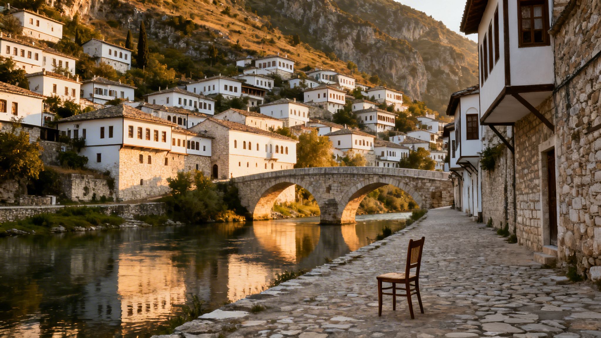 Historic Albanian town of Berat with white houses, a stone bridge over a river, and a lone chair.