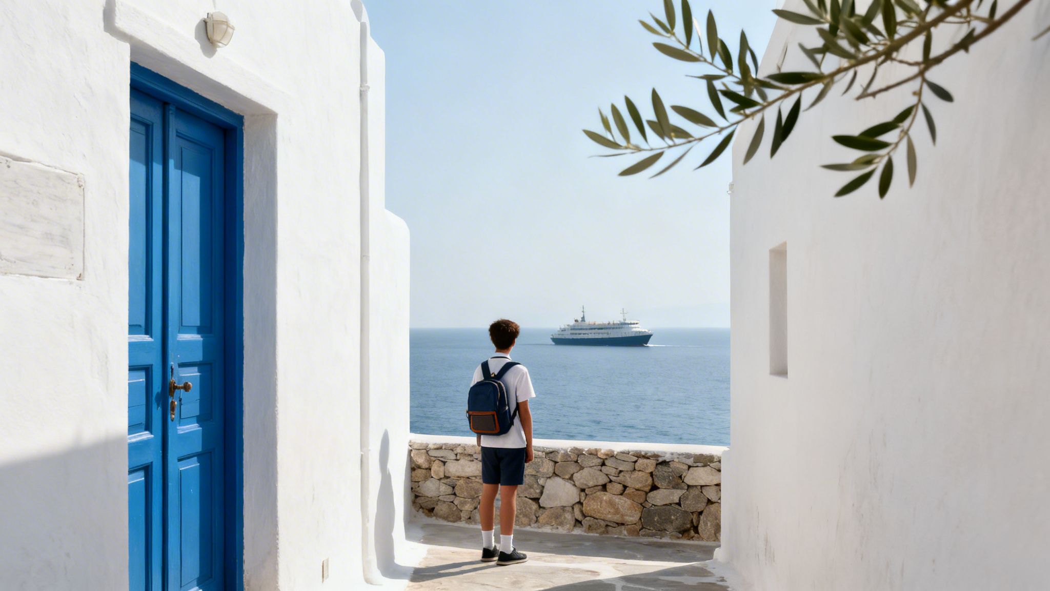 A young traveler with a backpack looks out at a ship on the blue sea from a white alley.