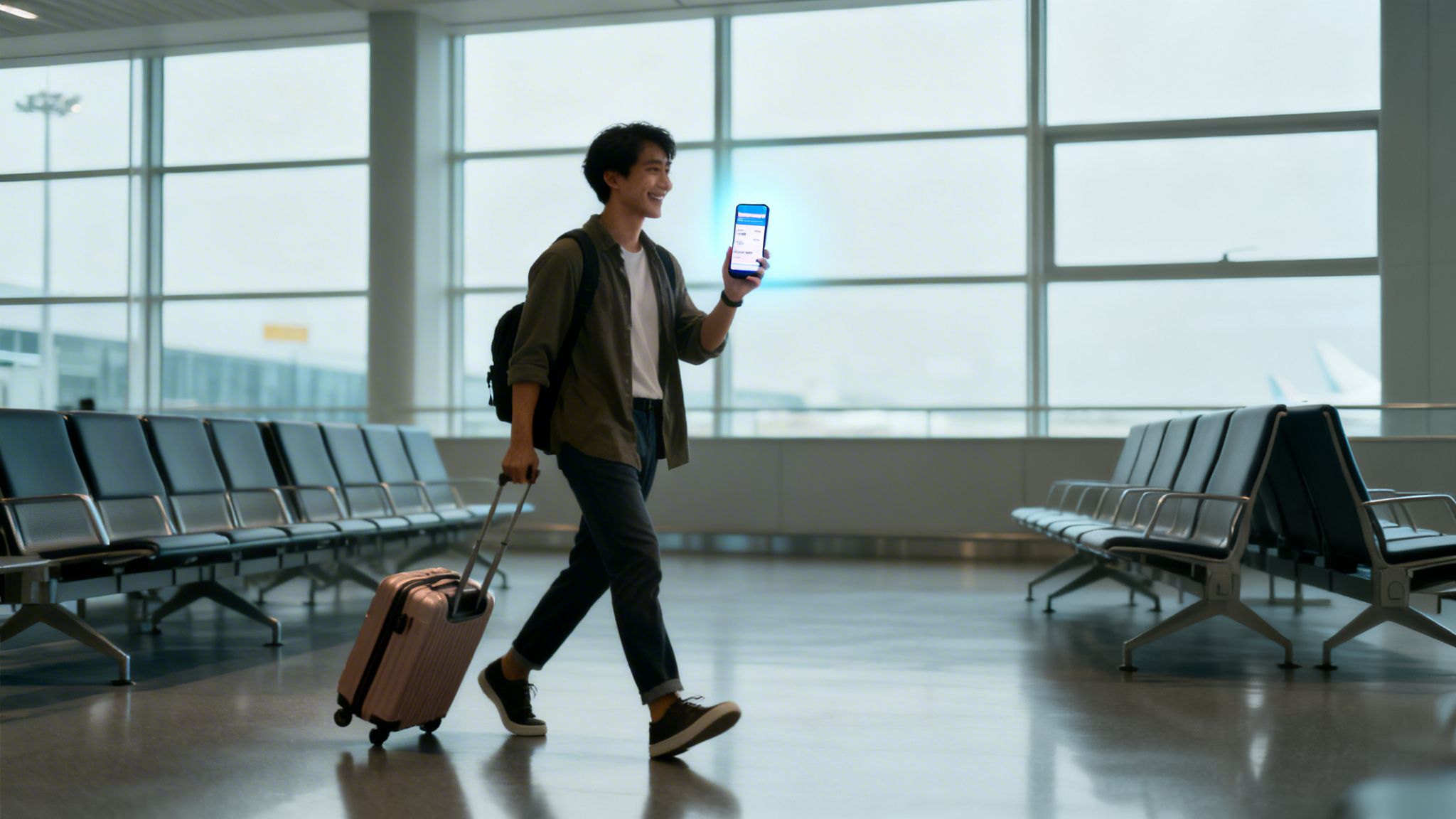 Smiling young man walking through an airport with luggage, looking at his phone for travel details.