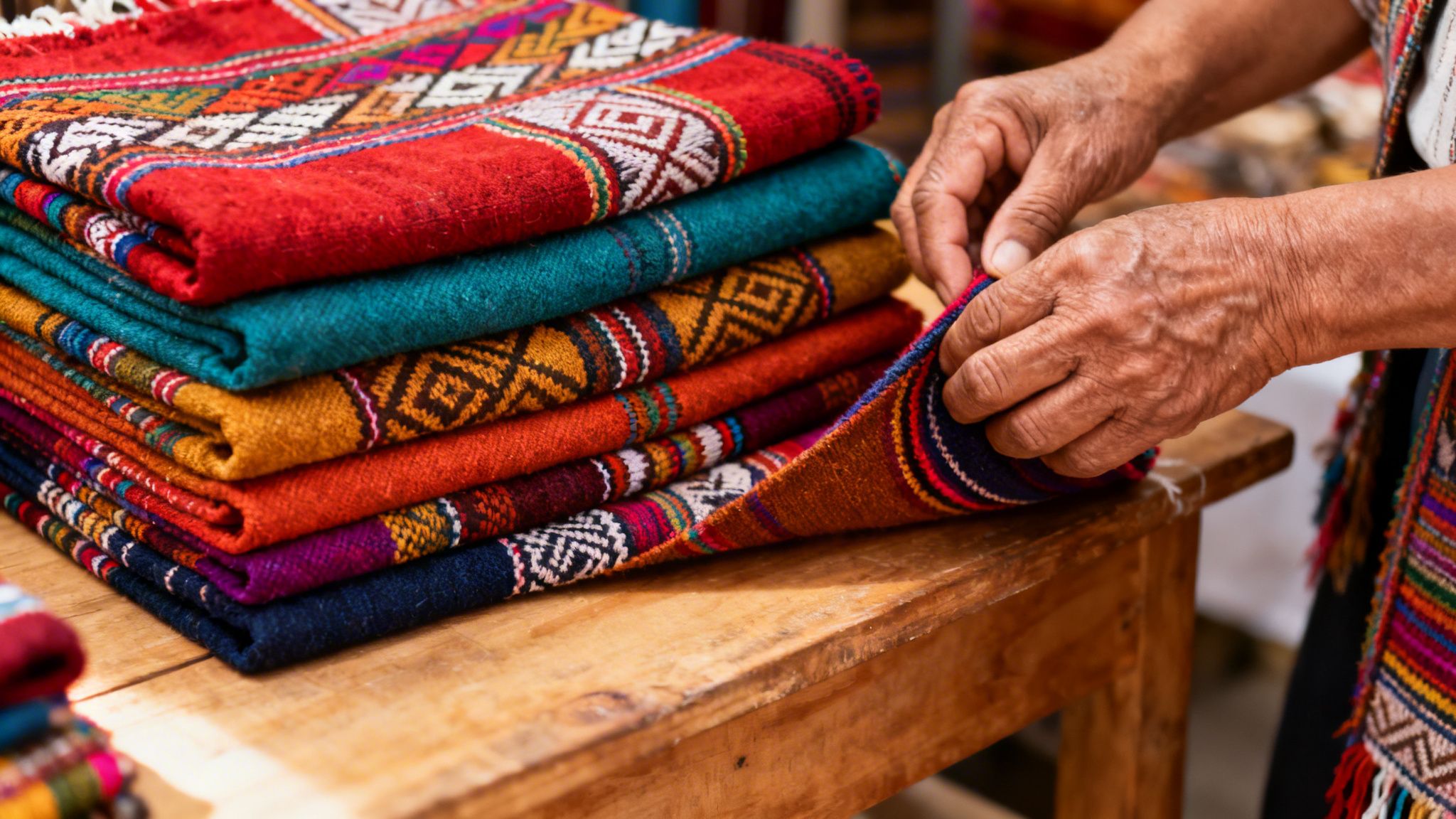 Close-up of hands folding a vibrantly patterned, handwoven textile on a stack of colorful fabrics.