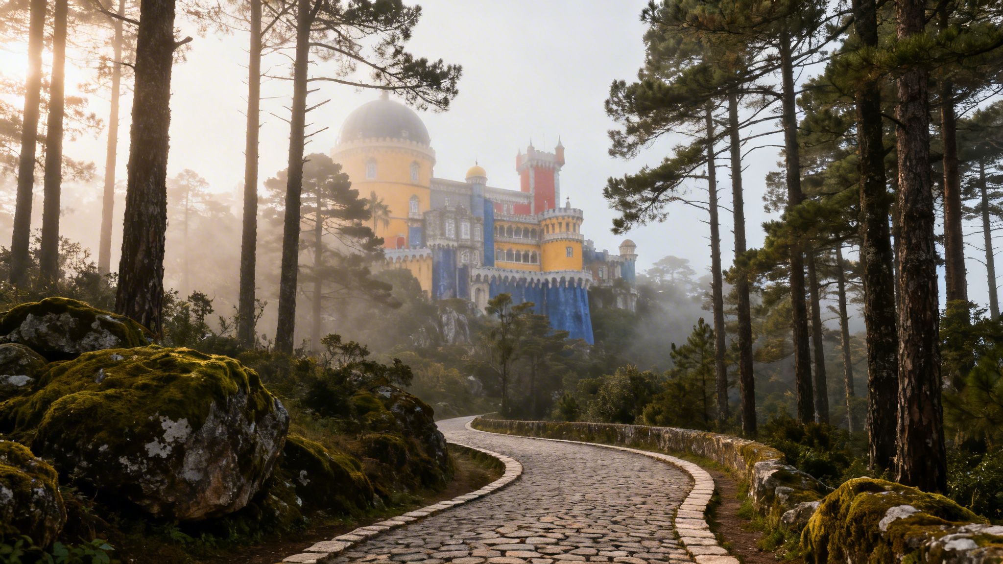The vibrant Pena Palace emerges from mist within a pine forest, with a winding cobblestone path.