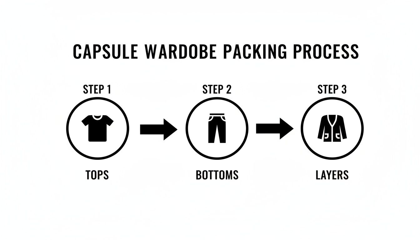 Diagram showing a capsule wardrobe packing process: Step 1 Tops, Step 2 Bottoms, Step 3 Layers.