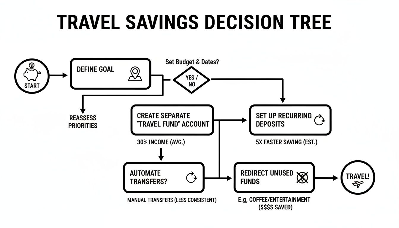 Decision tree flowchart detailing steps for saving money efficiently for travel.