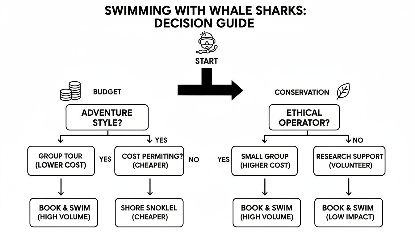 A decision guide flowchart for swimming with whale sharks, focusing on budget and ethical conservation choices.