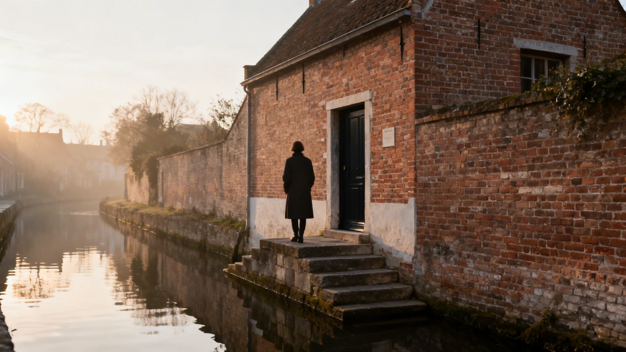 A person standing alone on stone steps by a canal in a historic brick building setting.