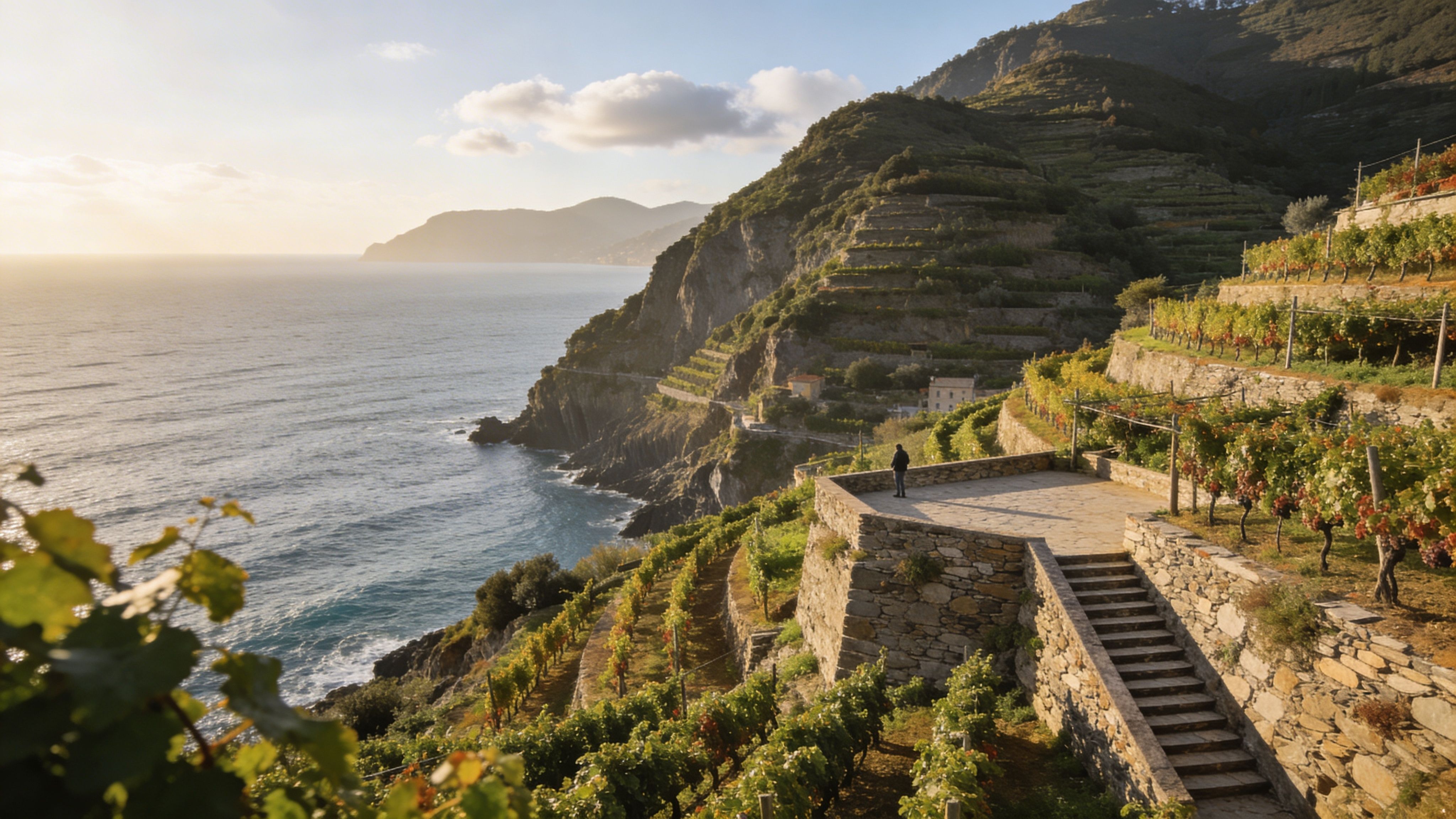 A scenic view of lush coastal vineyards overlooking the sparkling Mediterranean Sea in Cinque Terre, Italy.