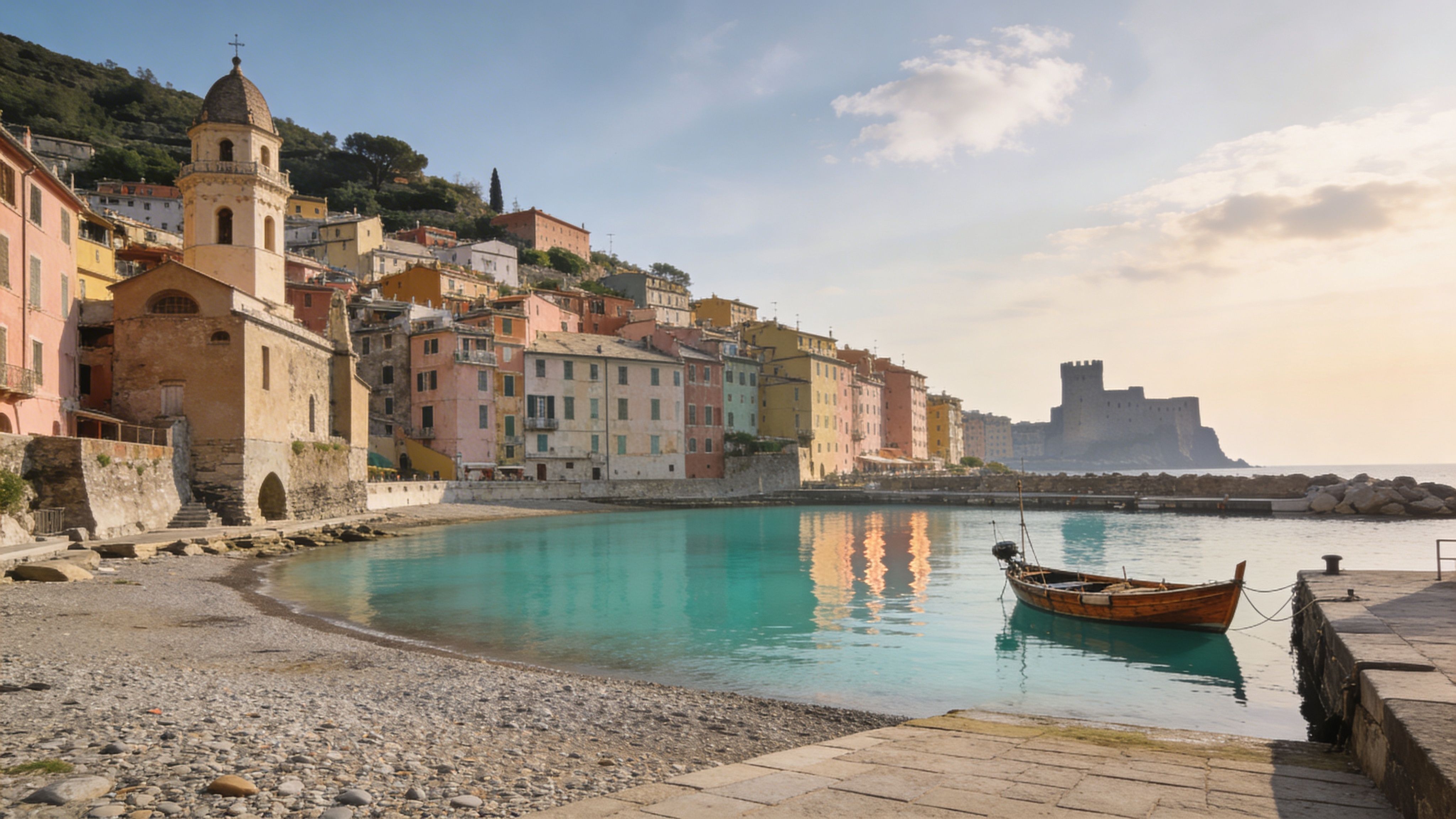 A scenic view of a coastal Italian village with colorful houses, a harbor, and a small wooden boat.