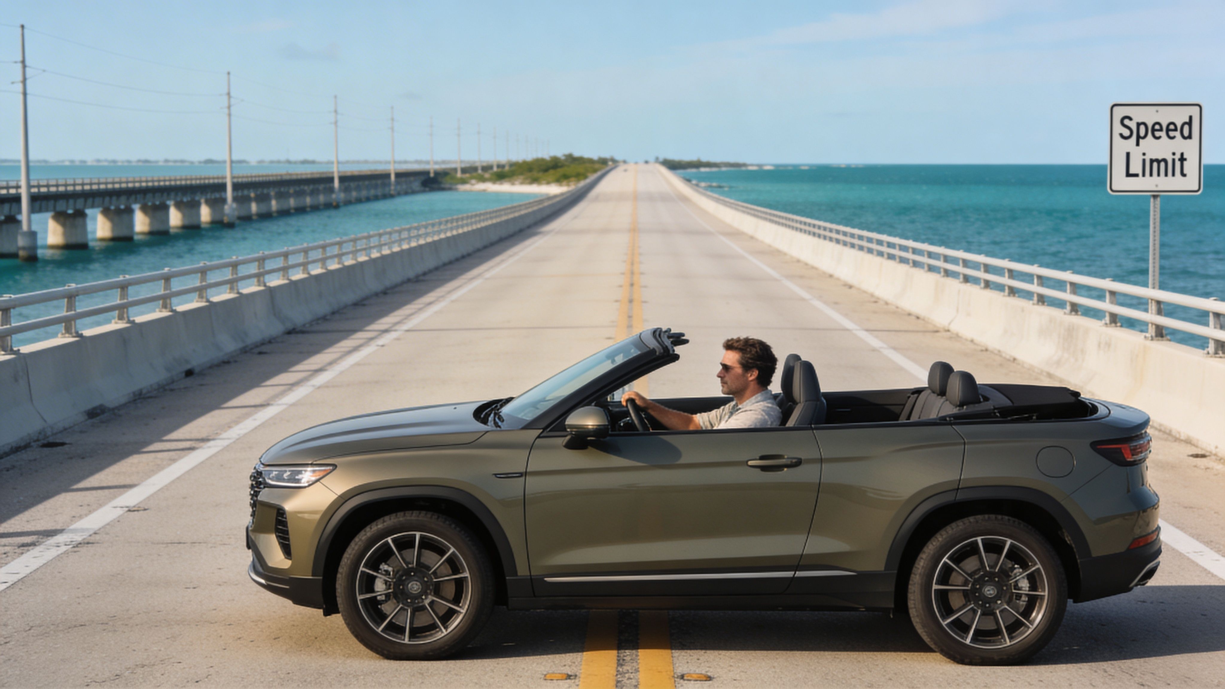 A man driving a green convertible SUV across the scenic Seven Mile Bridge in the Florida Keys.