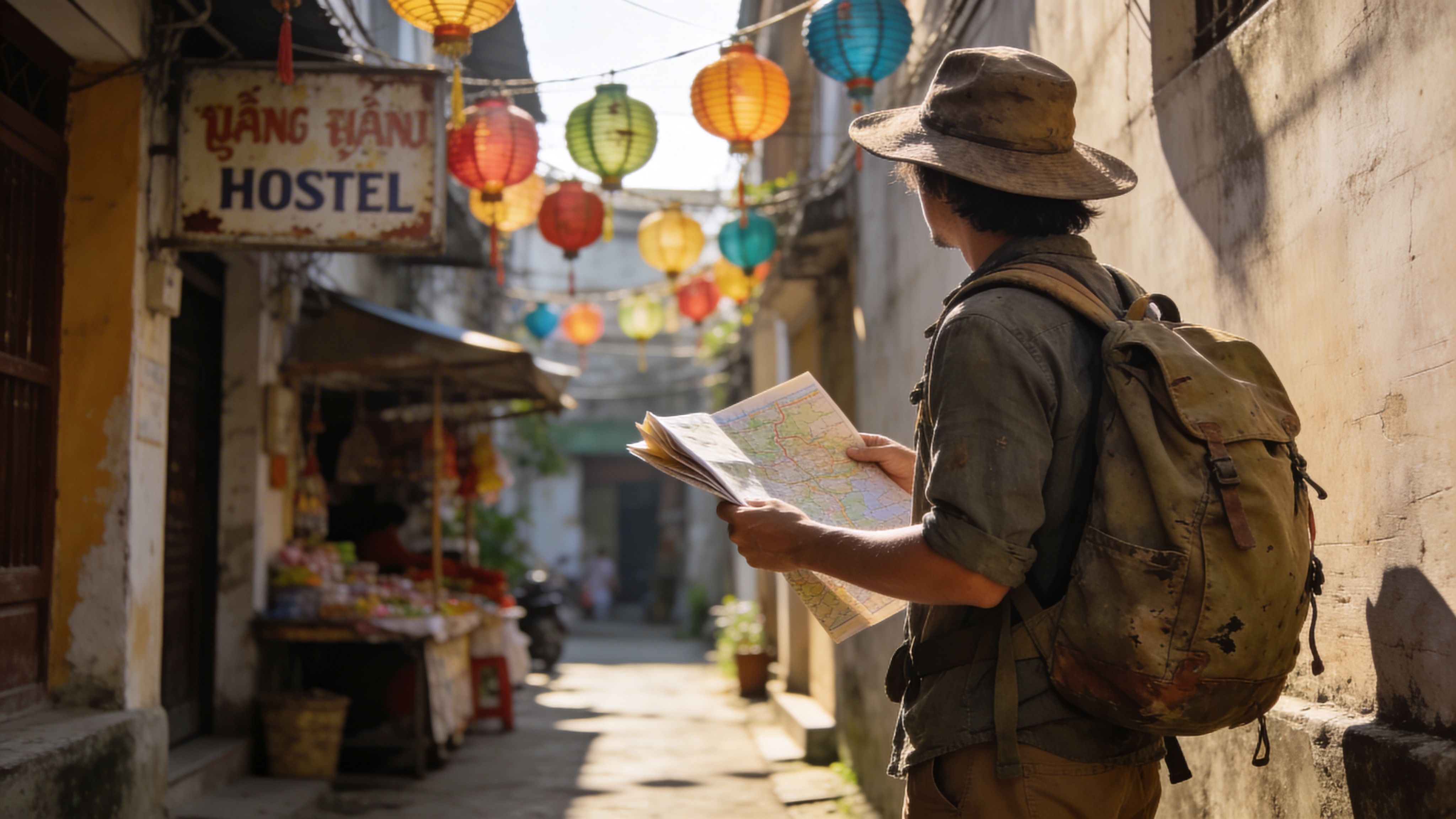A traveler wearing a sun hat and backpack holds a map while standing in a narrow alleyway.