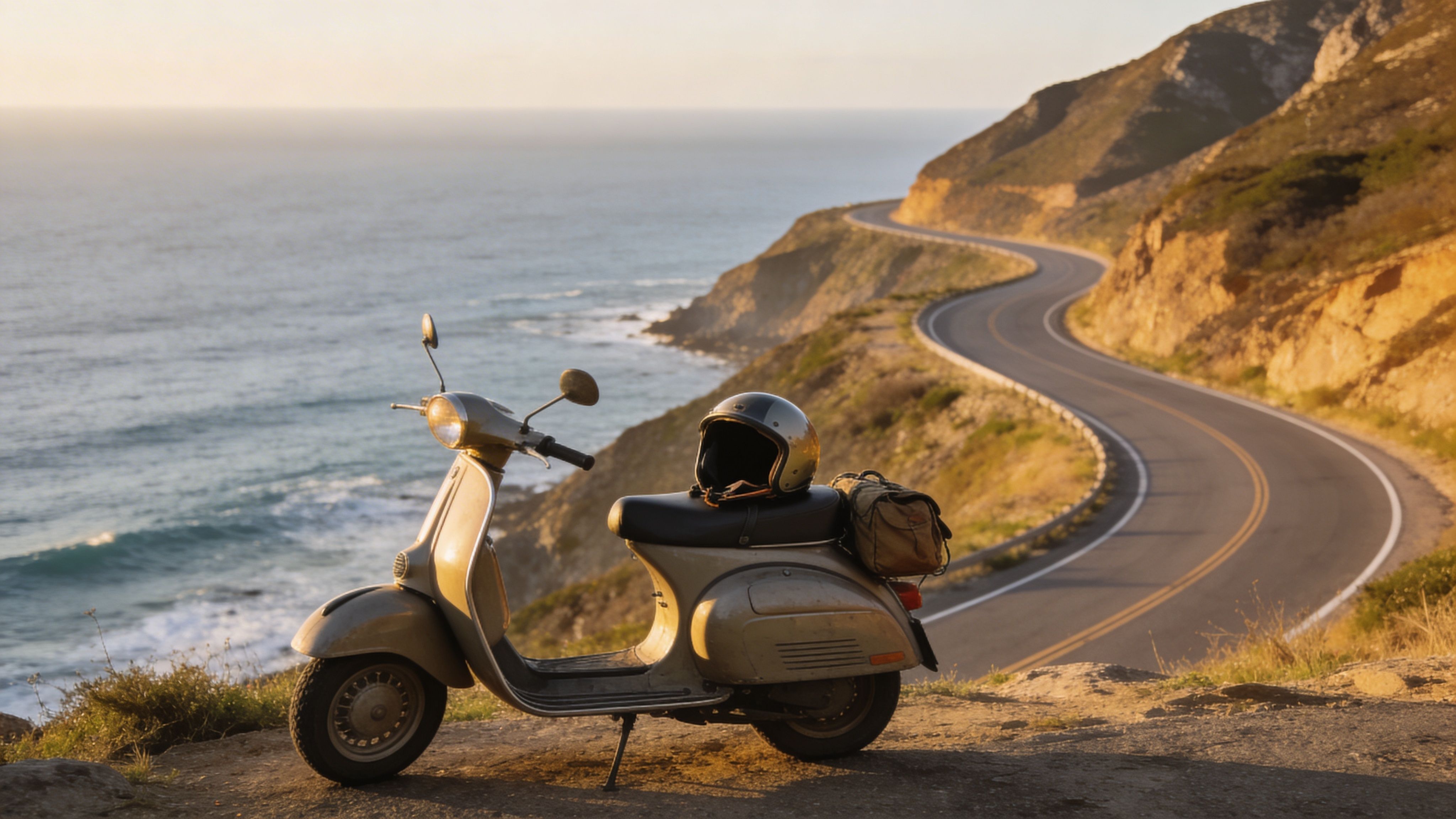 A vintage scooter parked on a cliff overlooking a winding coastal road at sunset with the ocean nearby.