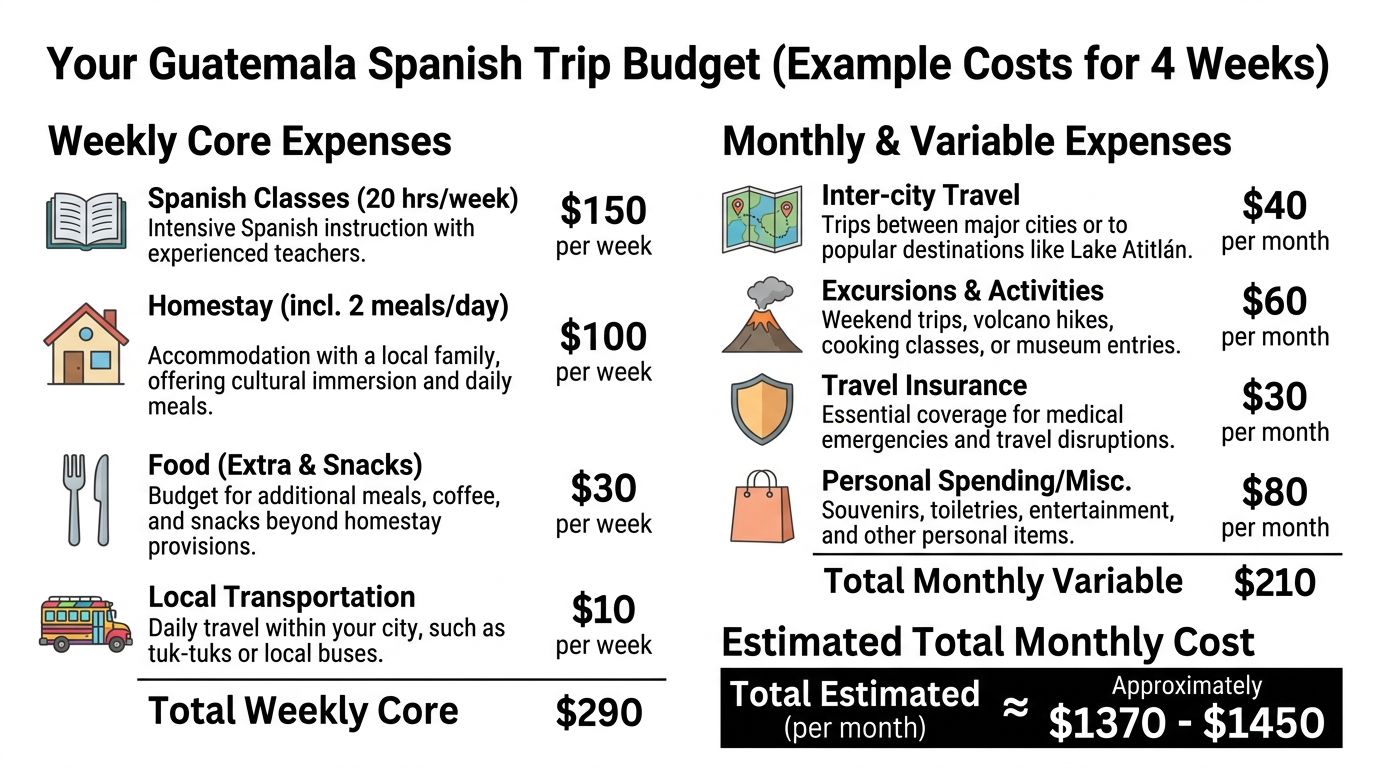 A budget infographic detailing weekly and monthly costs for a four-week Spanish study trip to Guatemala.