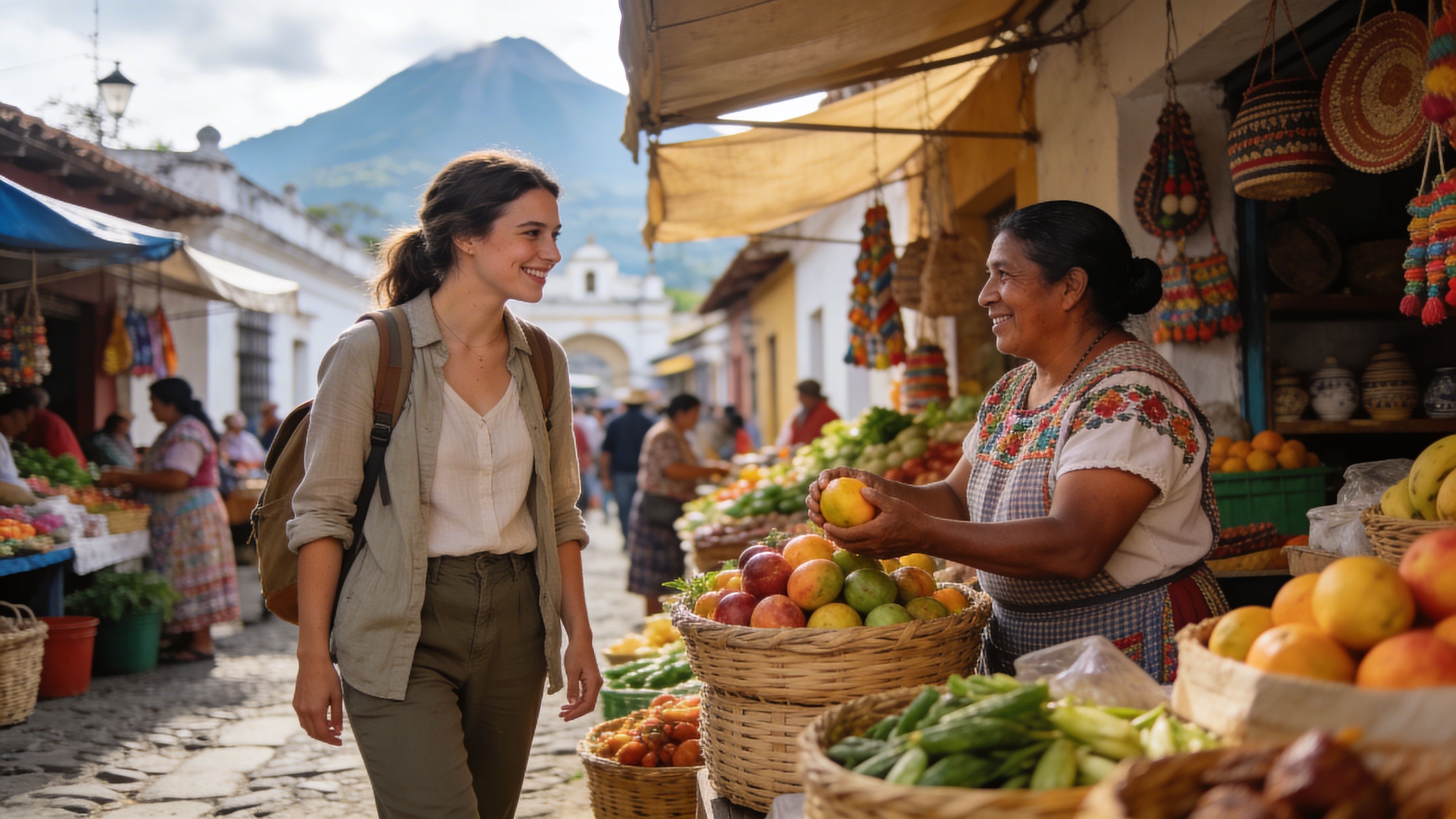 A smiling young female tourist talking to a local vendor at a vibrant fruit market in Guatemala.