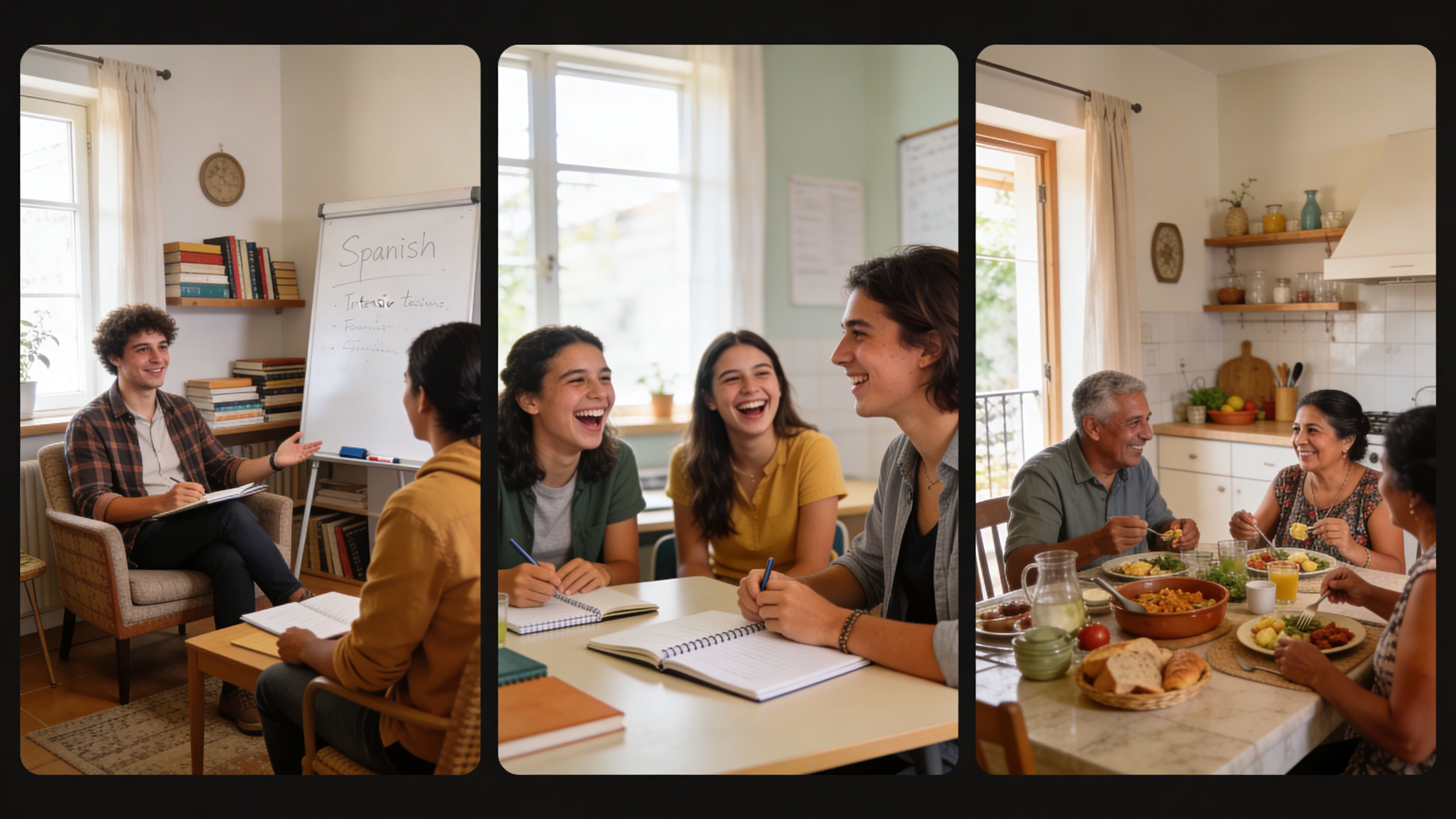 A collage showing students learning Spanish and a family eating a meal together in a home setting.