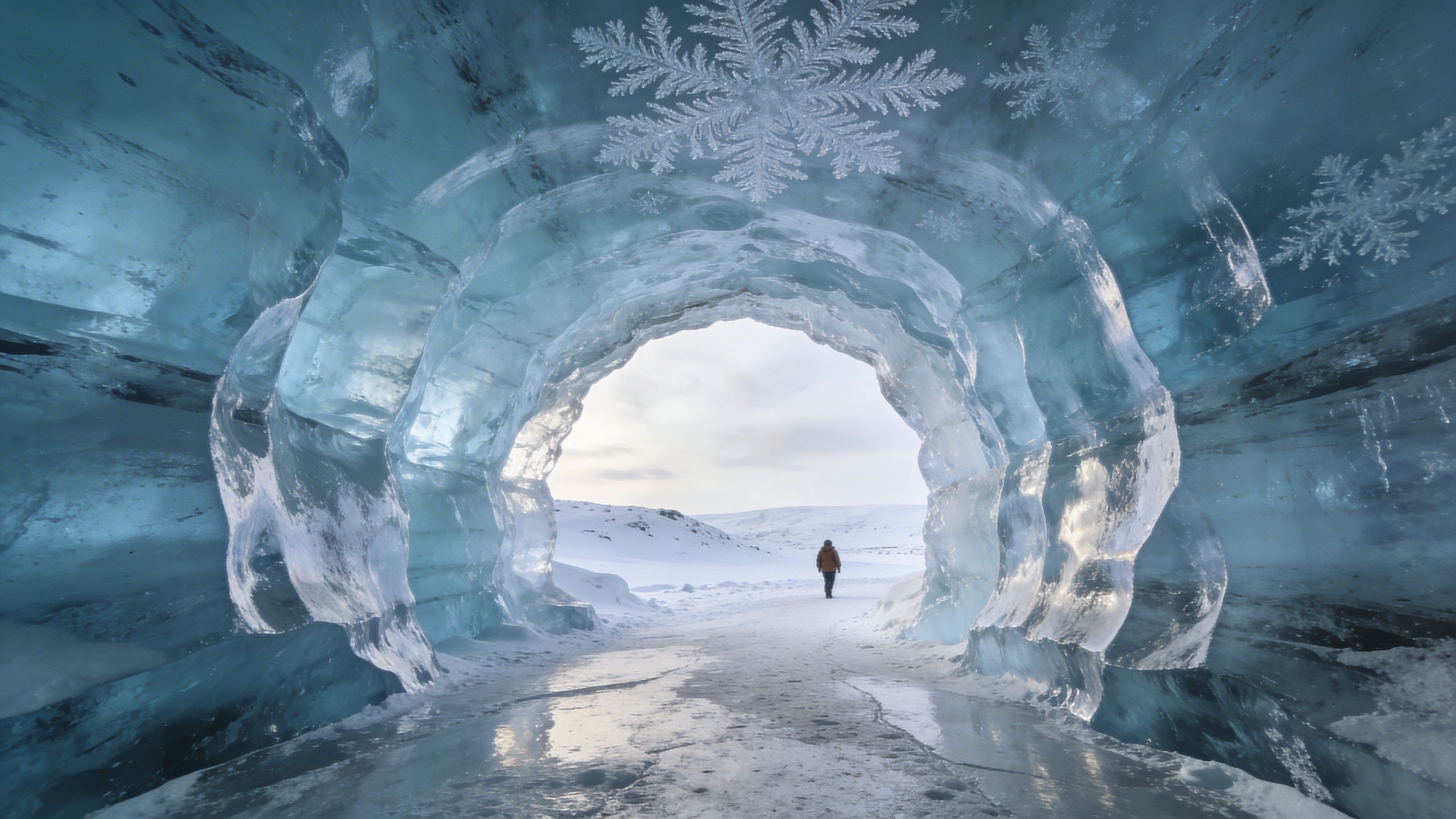 A person walks through a luminous blue ice cave toward a snowy landscape on a bright day.