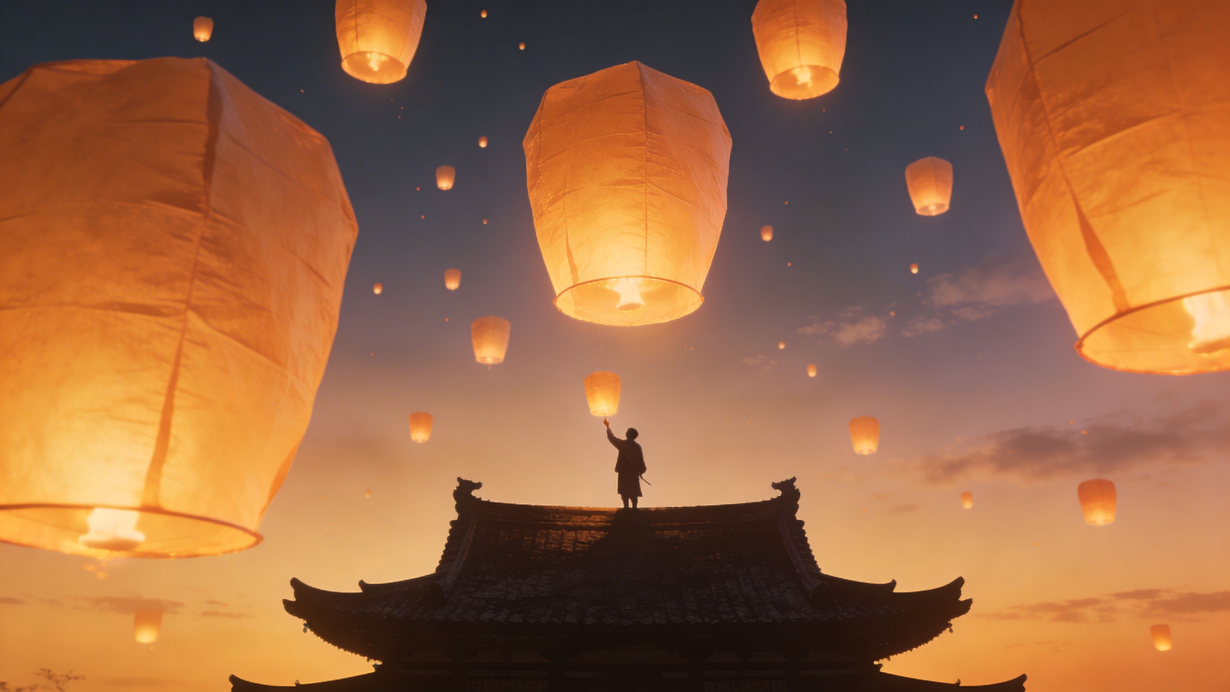 A silhouetted figure stands on a traditional roof releasing a glowing paper lantern into the evening sky.