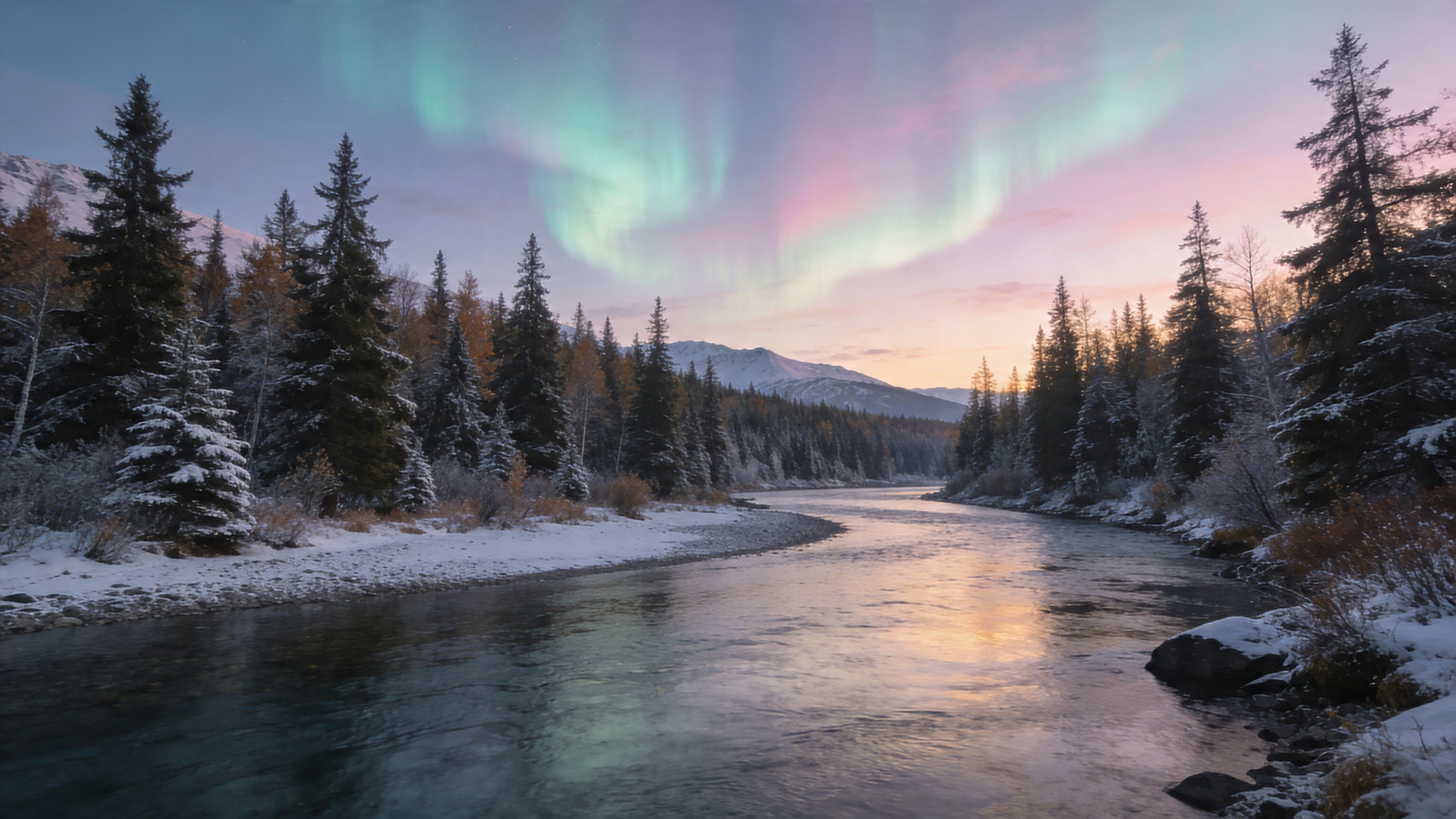 A breathtaking river landscape in Alaska during November, featuring snow-covered trees and a vibrant aurora borealis display.