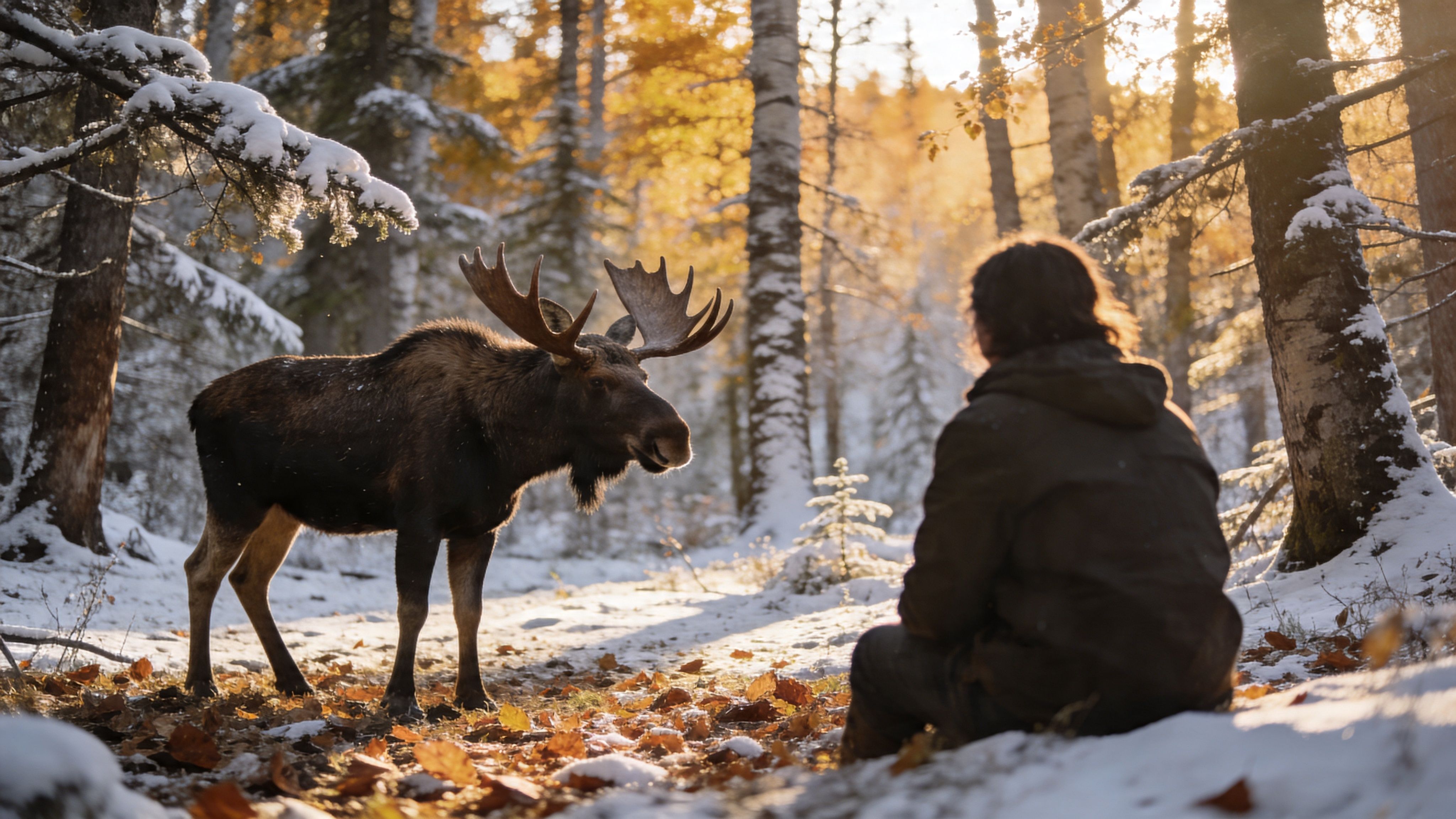 A person sitting on a snowy forest floor facing a large moose among the trees.