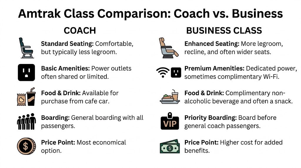 A comparison chart outlining the key differences between Amtrak coach and business class travel amenities.