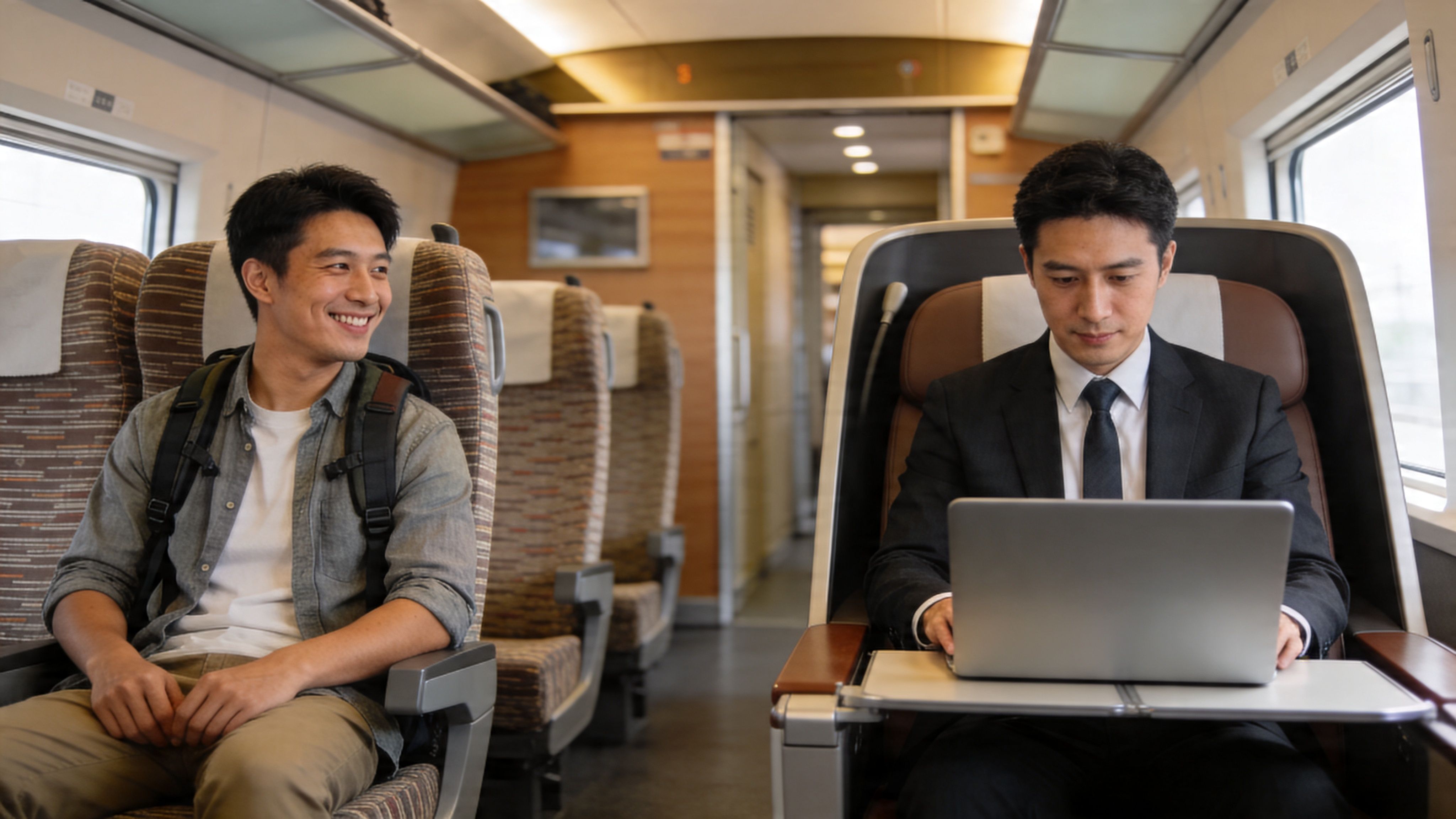 A casual traveler smiles while sitting next to a professional businessman working on a laptop on a train.