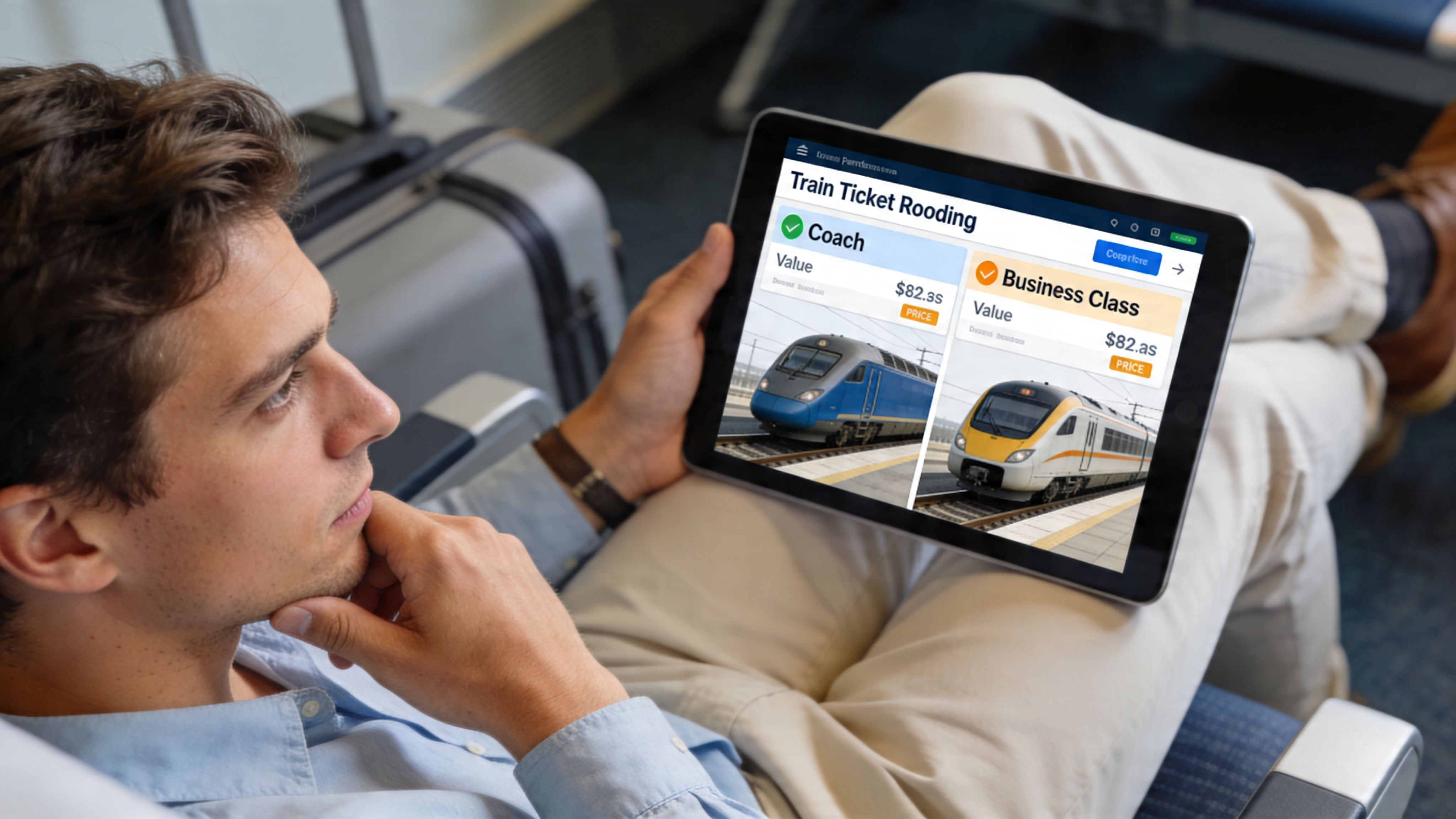 A traveler sitting on a train compares coach and business class tickets on a digital tablet screen.