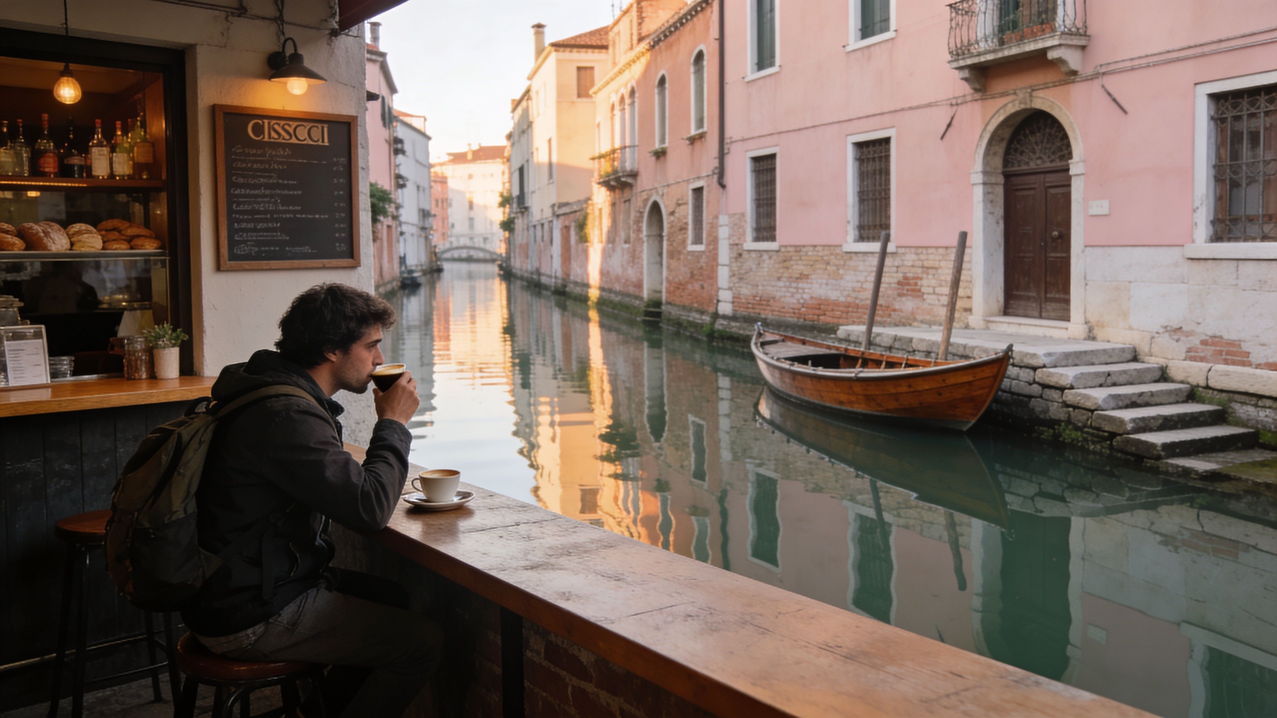 A man drinking coffee while sitting at an outdoor canal-side table in Venice during sunset.