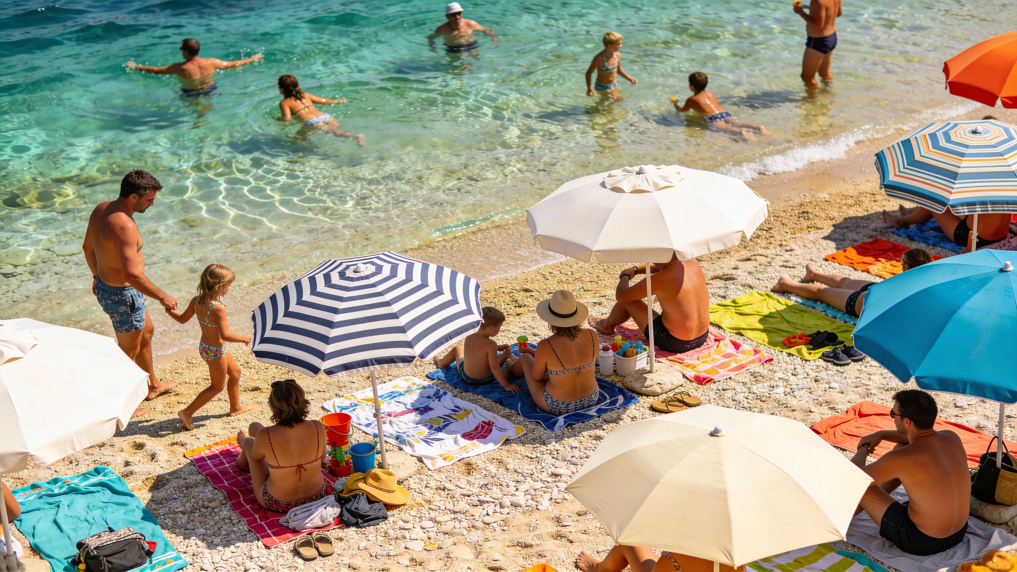 A scenic view of families and tourists relaxing on a sunny pebble beach in Croatia.