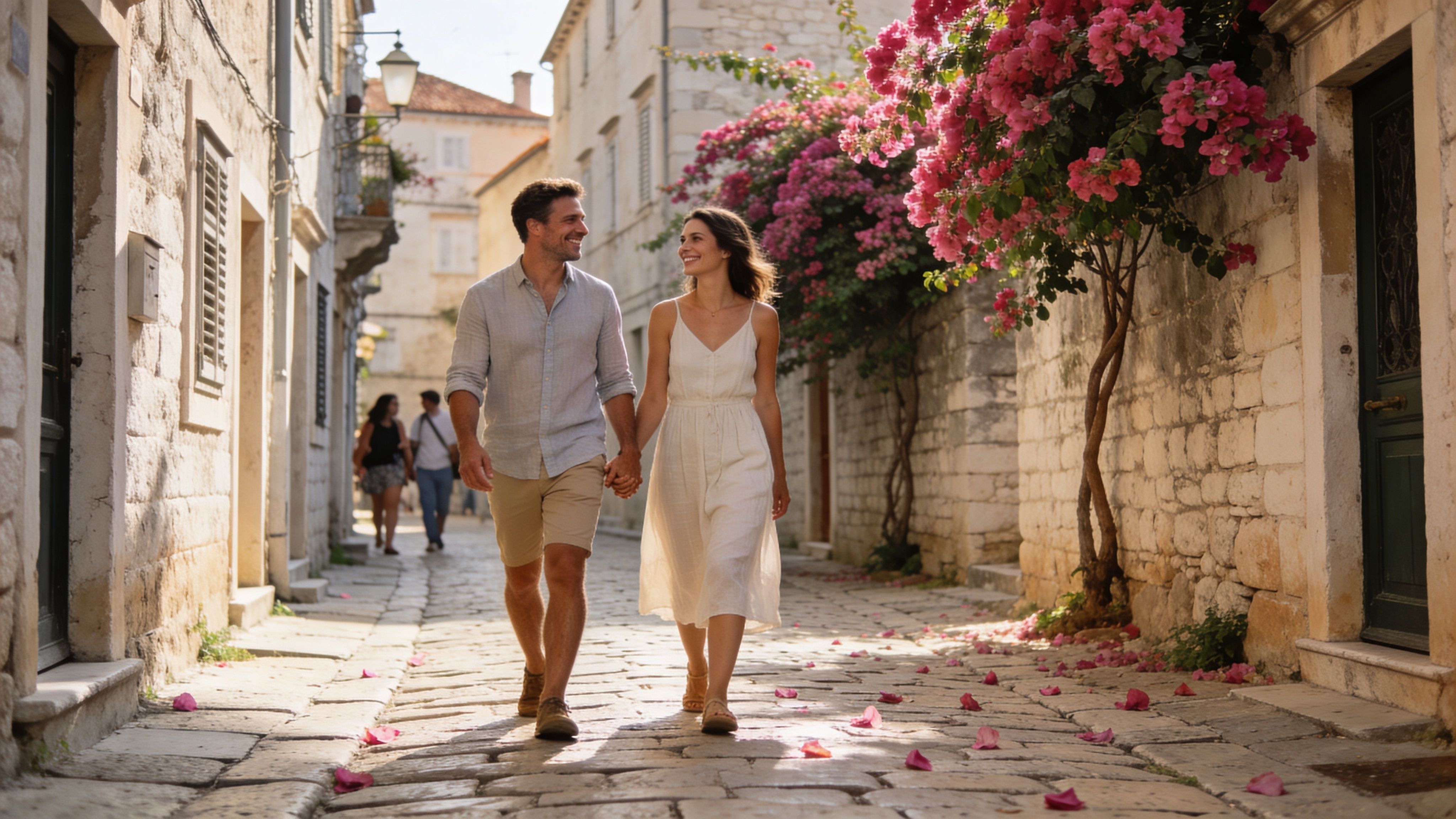A happy couple walking hand in hand down a historic stone street in Croatia with pink flowers.