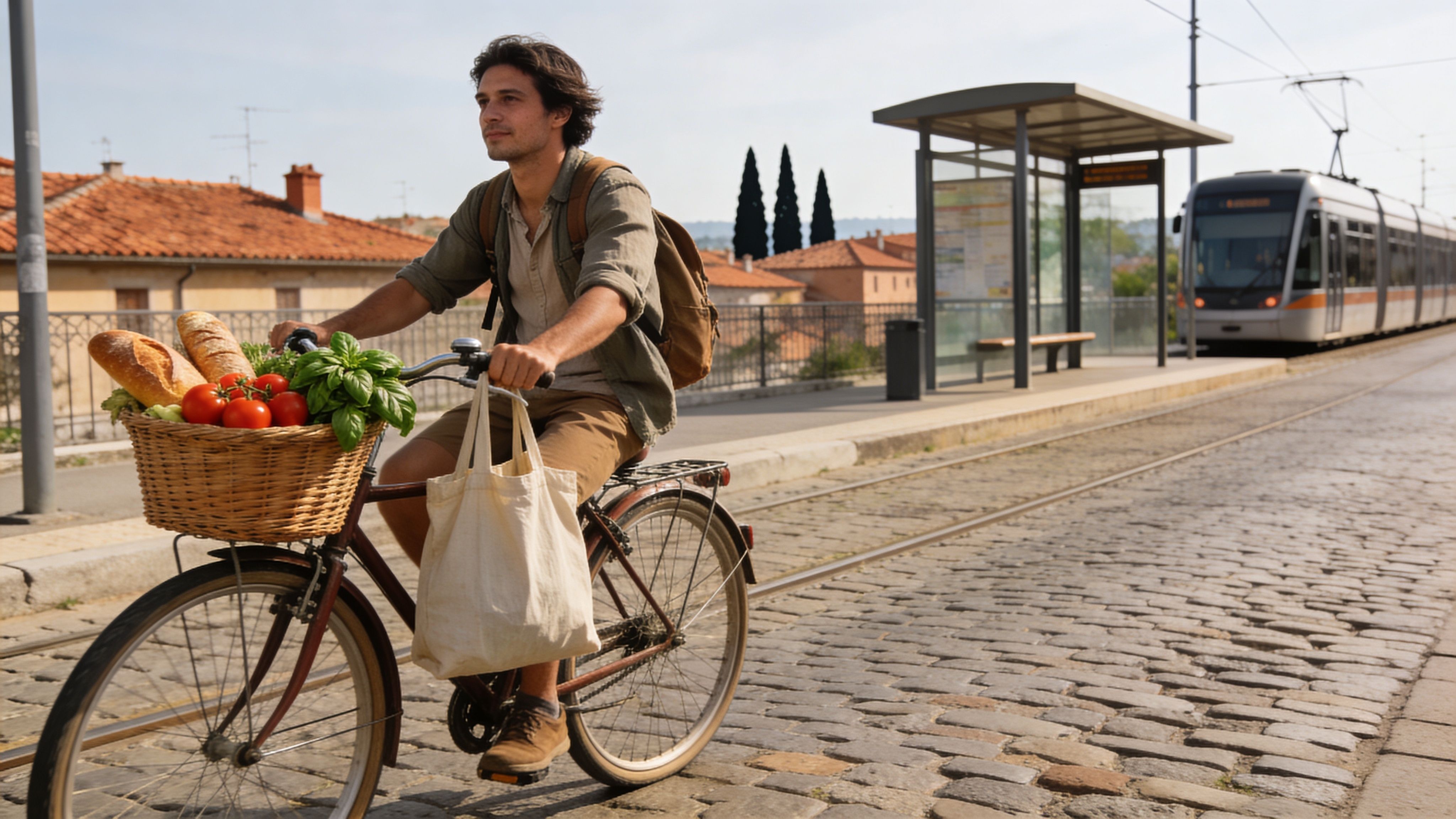 A young man riding a bicycle with groceries through a sunlit European street near a tram station.