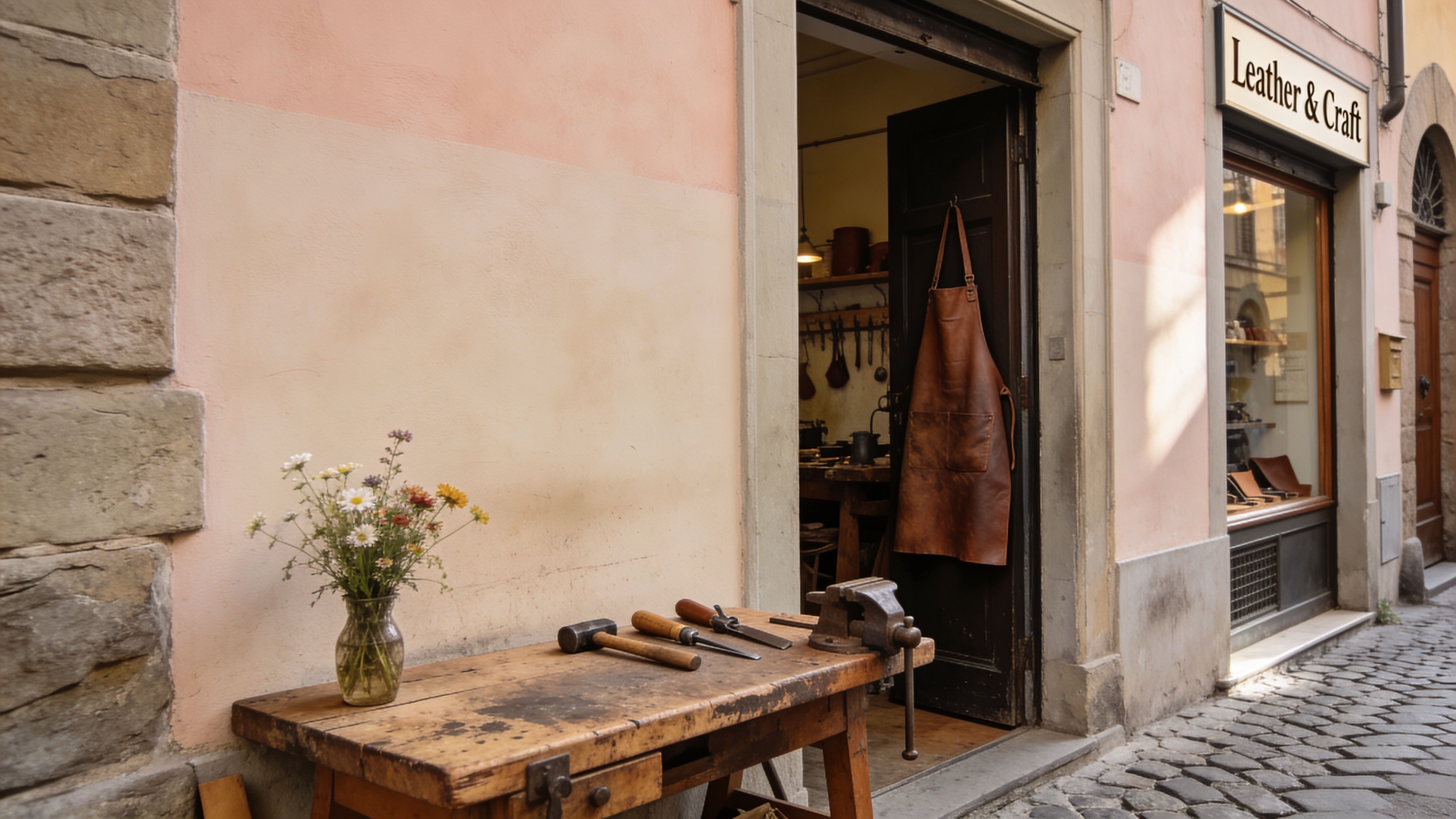 An old wooden workbench with leather craft tools and a flower vase outside a leather workshop in Florence.