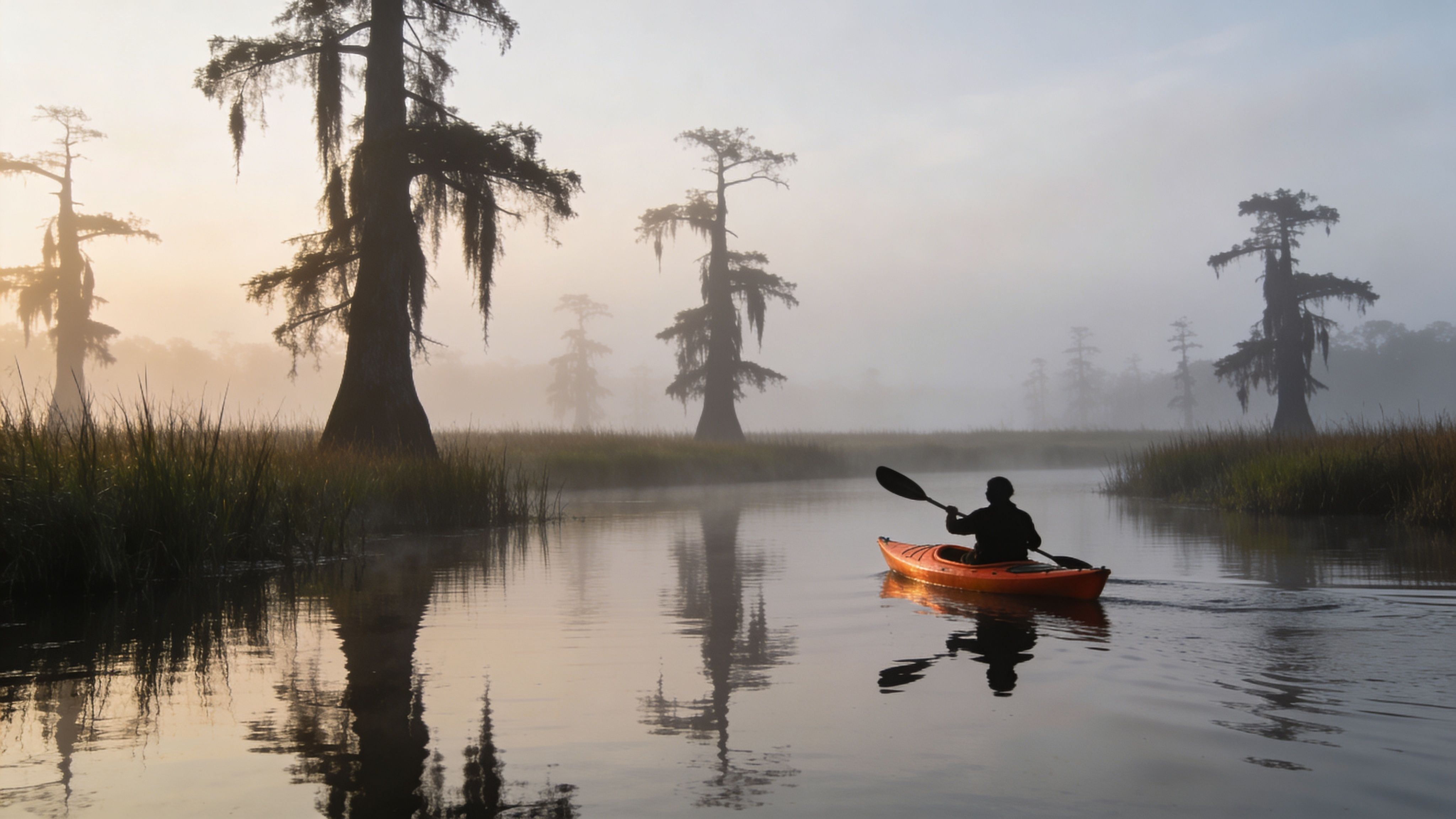 A person paddling an orange kayak through a misty swamp at sunrise among tall cypress trees.