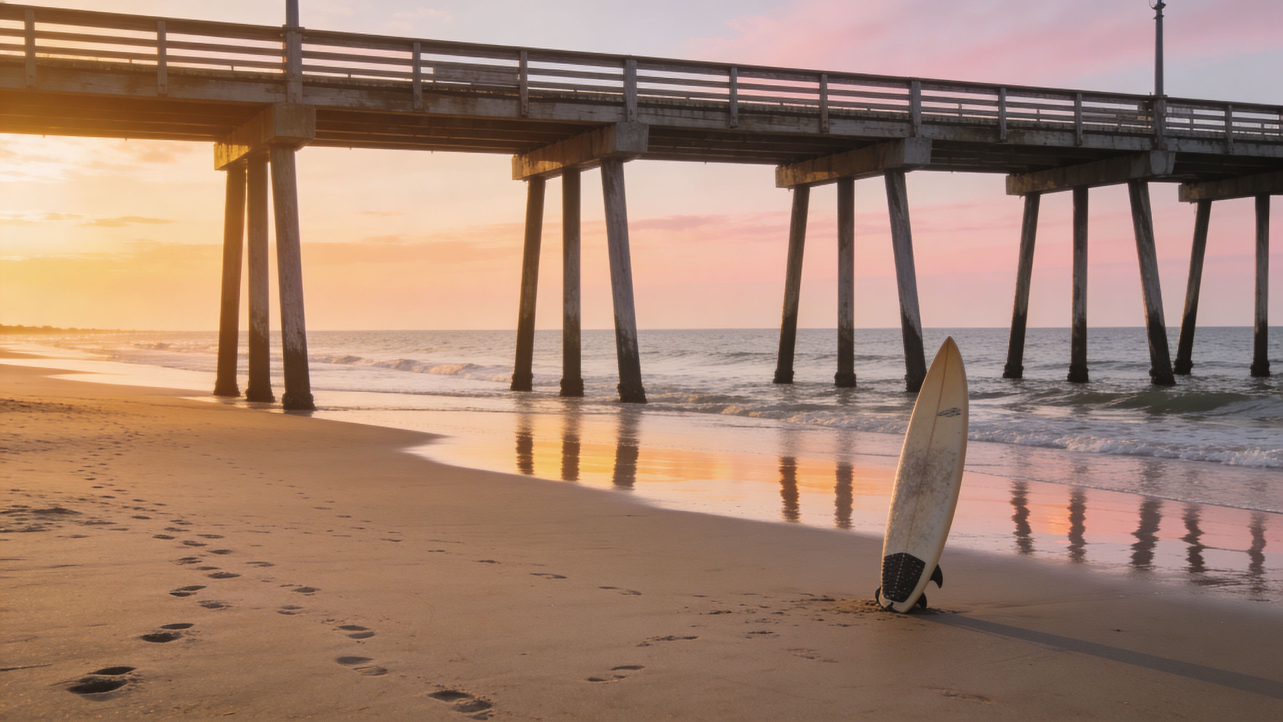 A lone surfboard stands upright in the sand beneath a wooden fishing pier at sunset.
