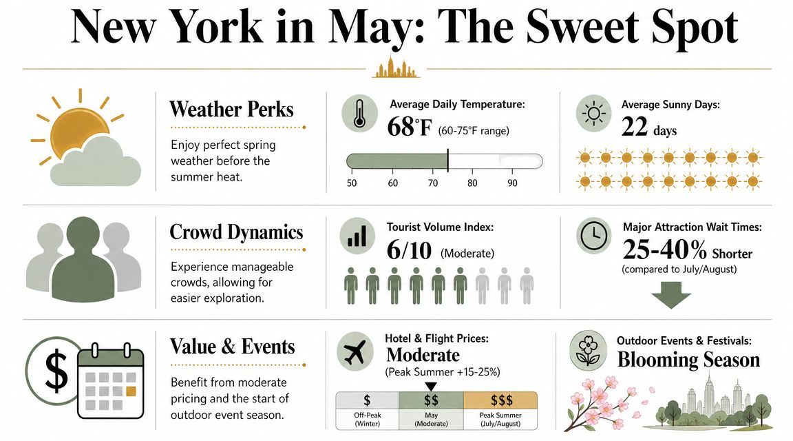 An infographic titled New York in May detailing weather perks, tourist crowds, and travel costs.