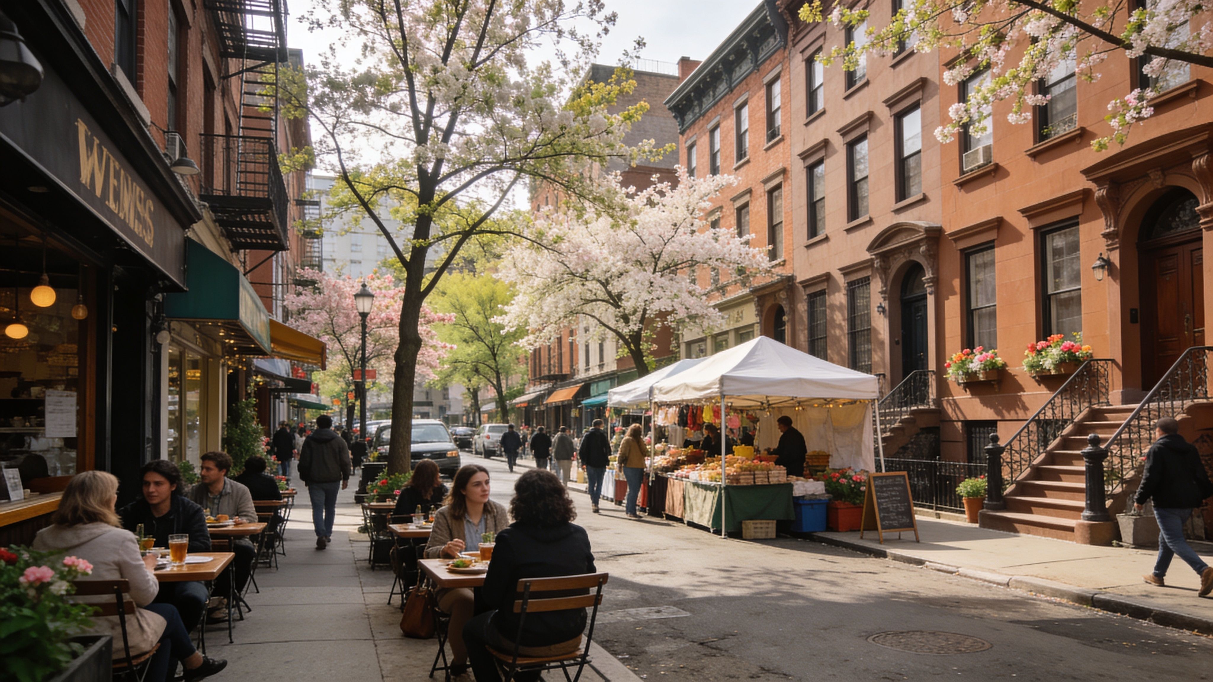 People dining outdoors on a sidewalk in New York City with blooming cherry blossoms in May.