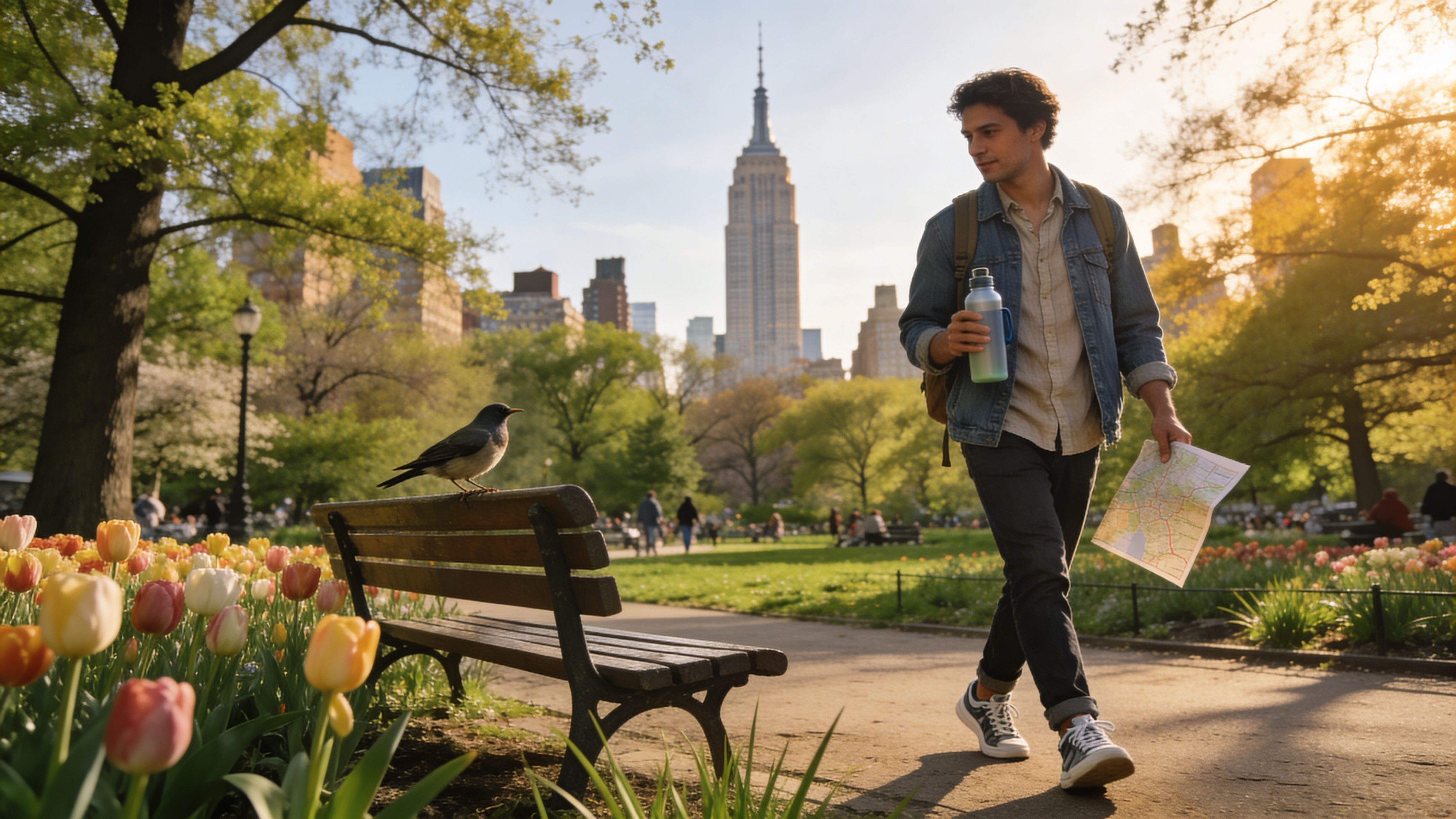 A young man walks through Central Park in New York City with a map and water bottle.